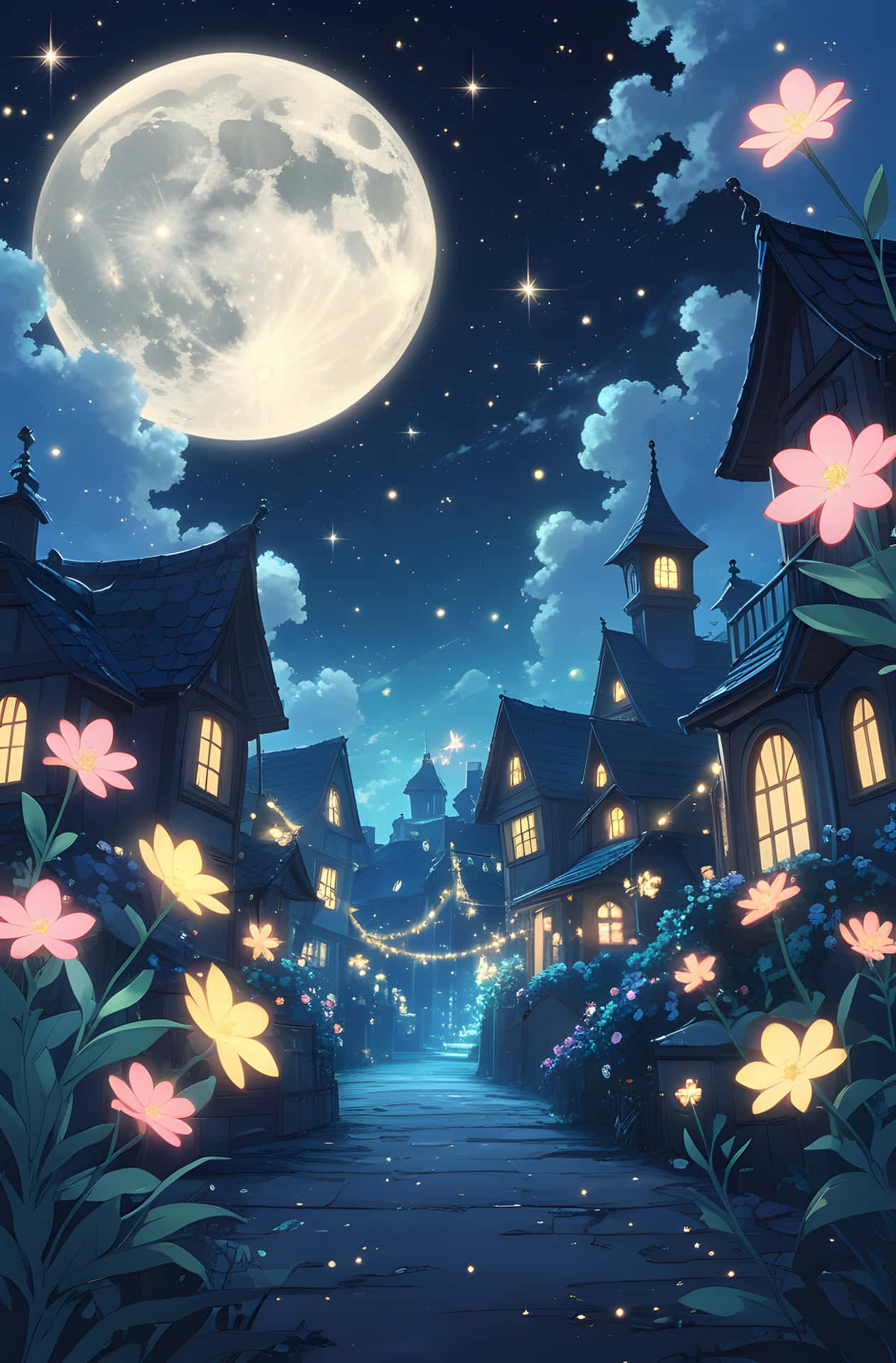 Midnight Blossom Village 壁紙 — 一條月光下的夢幻村莊街道，兩旁是發光的粉紅色和黃色花朵，星空下有一輪巨大的滿月。