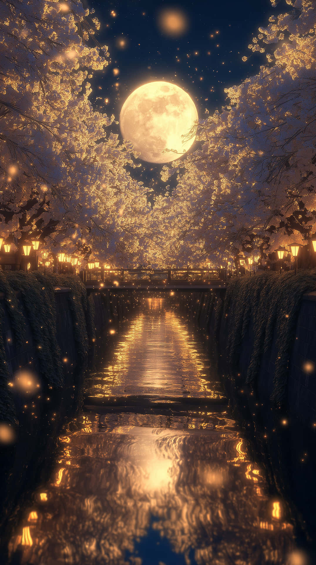 Enchanting Moonlit River with Glowing Cherry Blossoms 壁紙 — 一條月光下的運河，兩旁開滿鮮花的樹木和發光的燈籠，將滿月和金色花瓣倒映在閃爍的水面上。