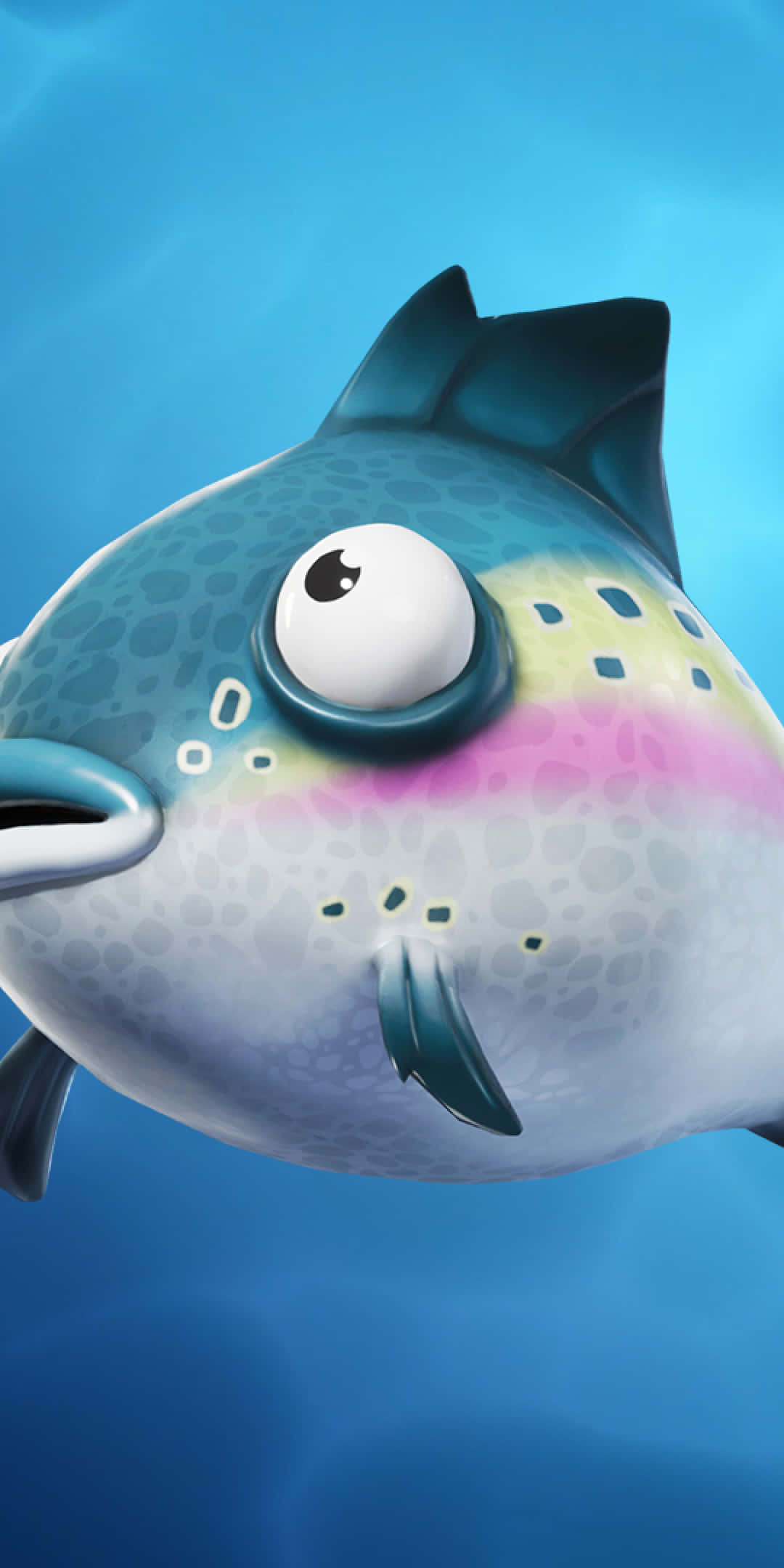 Pixel 3 Fish 桌布 壁紙 — 一條有大眼睛和彩色條紋的卡通魚在清澈的藍色水中游泳。