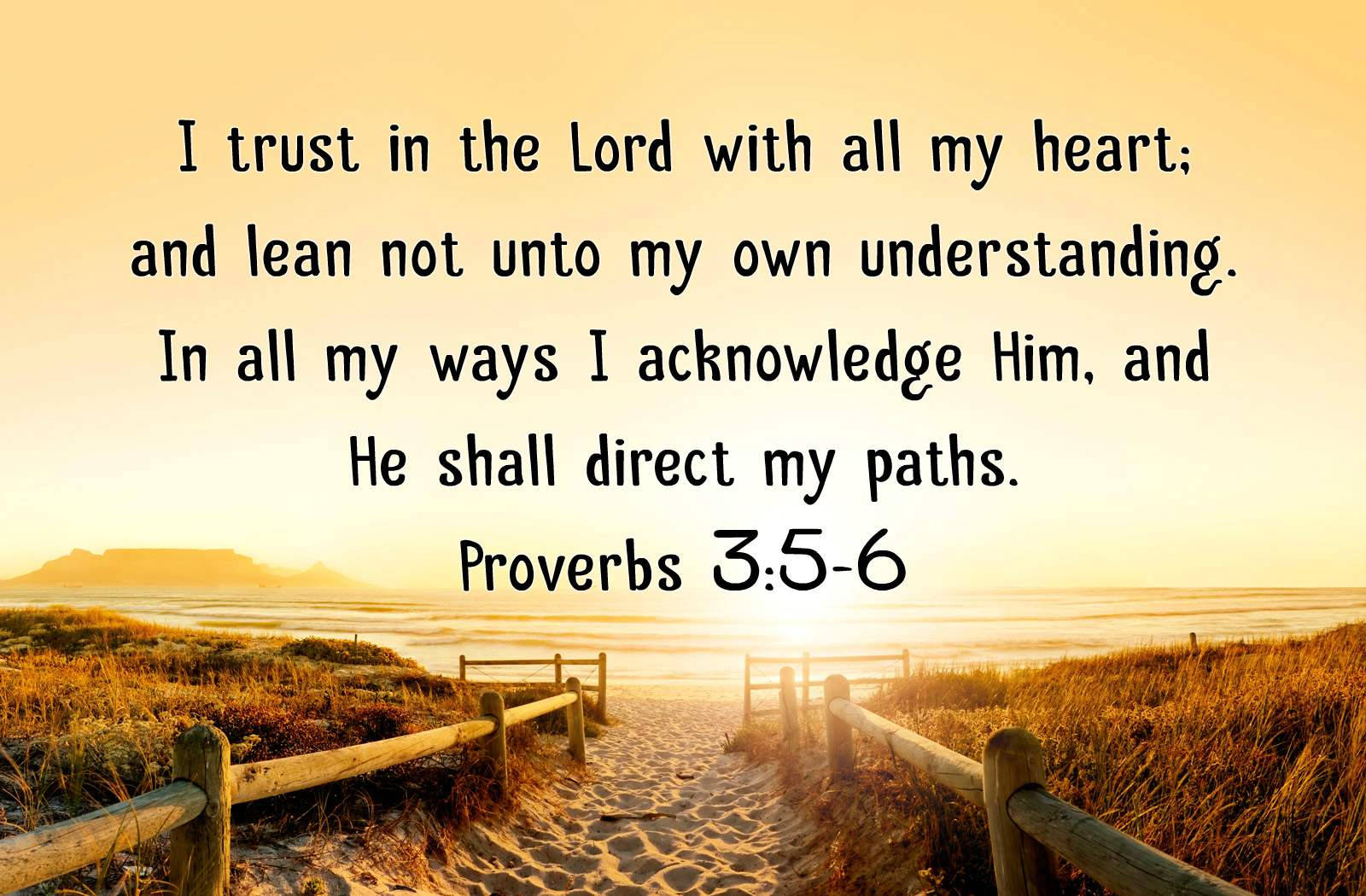 God Quotes 桌布 壁紙 — 一條有木欄杆的沙路通向海洋上閃耀的日出，遠方有山巒，並疊加了一句聖經經文。