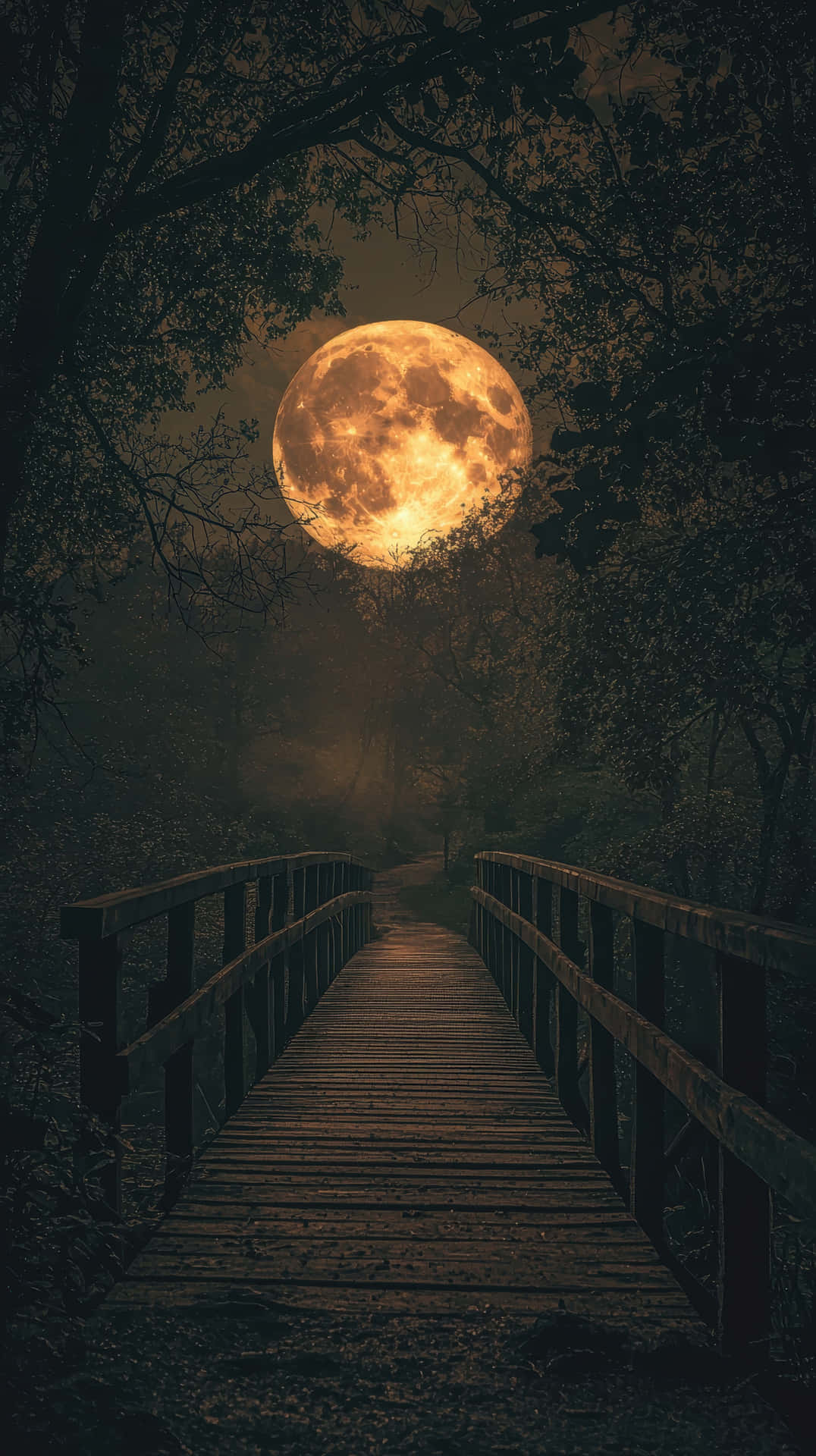 Wooden Bridge in a Dark Forest Leading to a Giant Glowing Full Moon 壁紙 — 一條木橋蜿蜒穿過黑暗的森林，通往一個巨大的、發光的橙色滿月，被剪影般的樹枝框住。