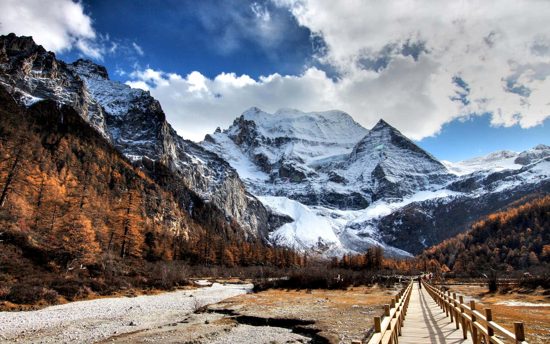 Mountain Scenes 桌布 壁紙 — 一條木製木板路蜿蜒穿過秋日森林，通往白雪覆蓋的山脈，天空湛藍，雲朵蓬鬆。
