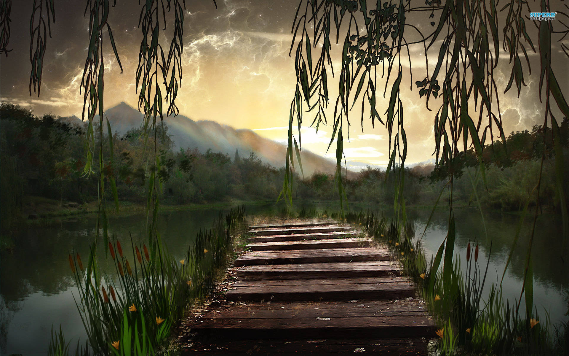Painting 桌布 壁紙 — 一條木製步道蜿蜒穿過蘆葦和水面，通往遠山，背景是戲劇性的日落天空，由垂柳枝條框住。