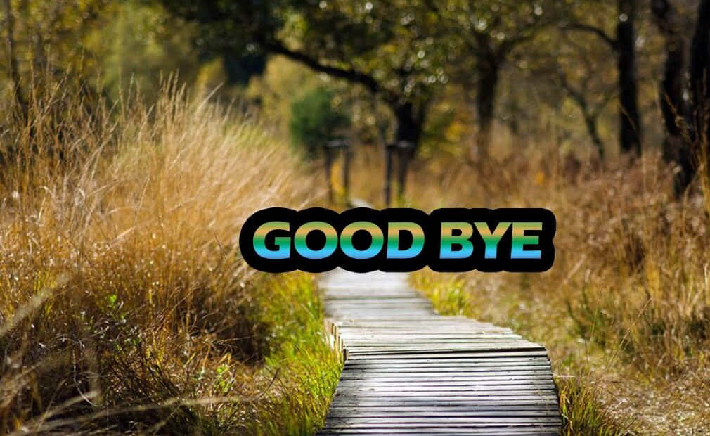 Goodbye 桌布 壁紙 — 一條木製步道蜿蜒穿過金黃色的草地，在溫暖的陽光下，'GOOD BYE' 文字以彩虹色調發光。