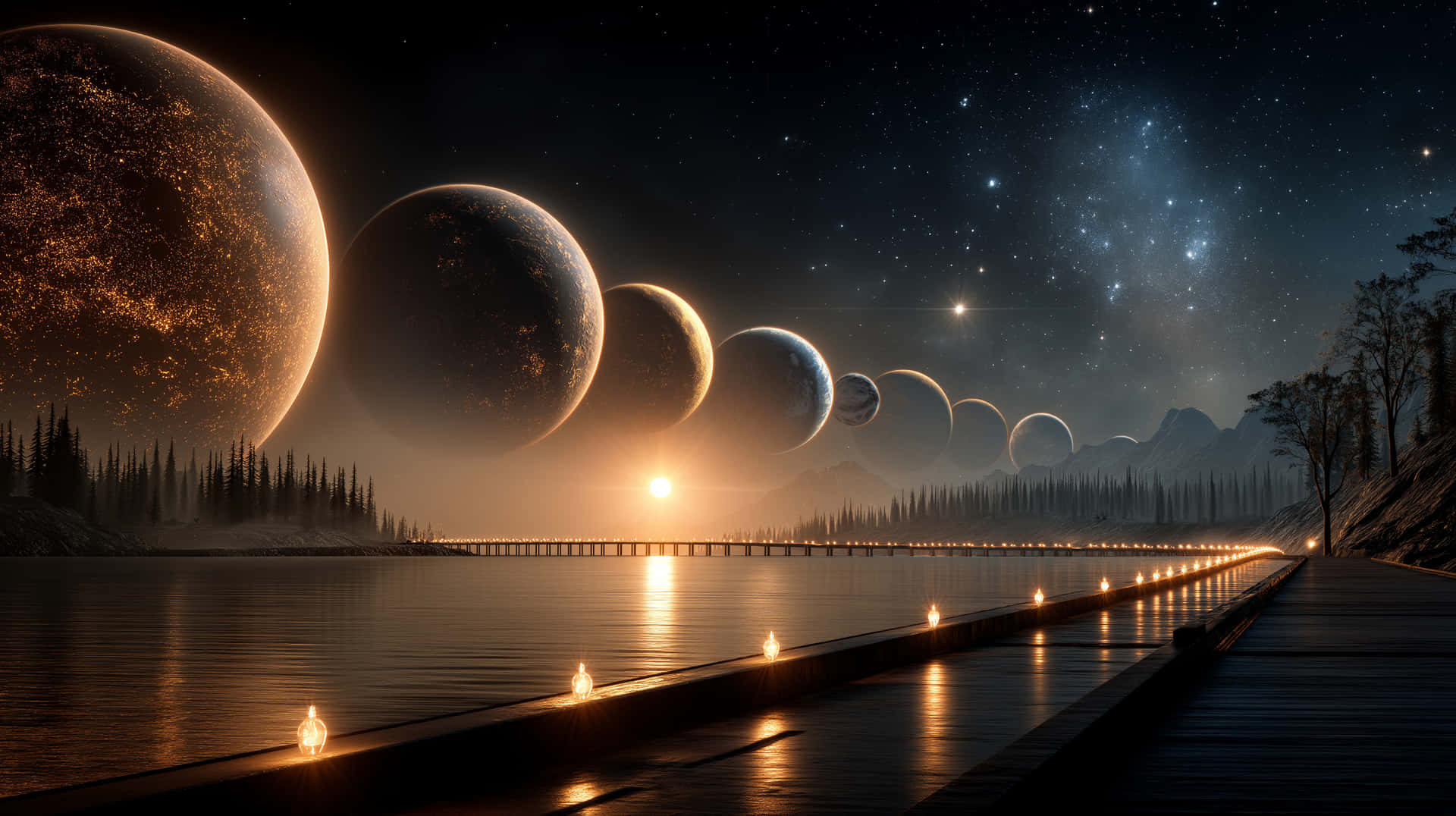 Alien Planets Lined Up in the Sky Over an Illuminated Pier 壁紙 — 一條木製碼頭，兩旁掛滿發光燈籠，延伸向一排巨大行星後方升起的耀眼太陽，下方是星光閃爍的宇宙湖泊。