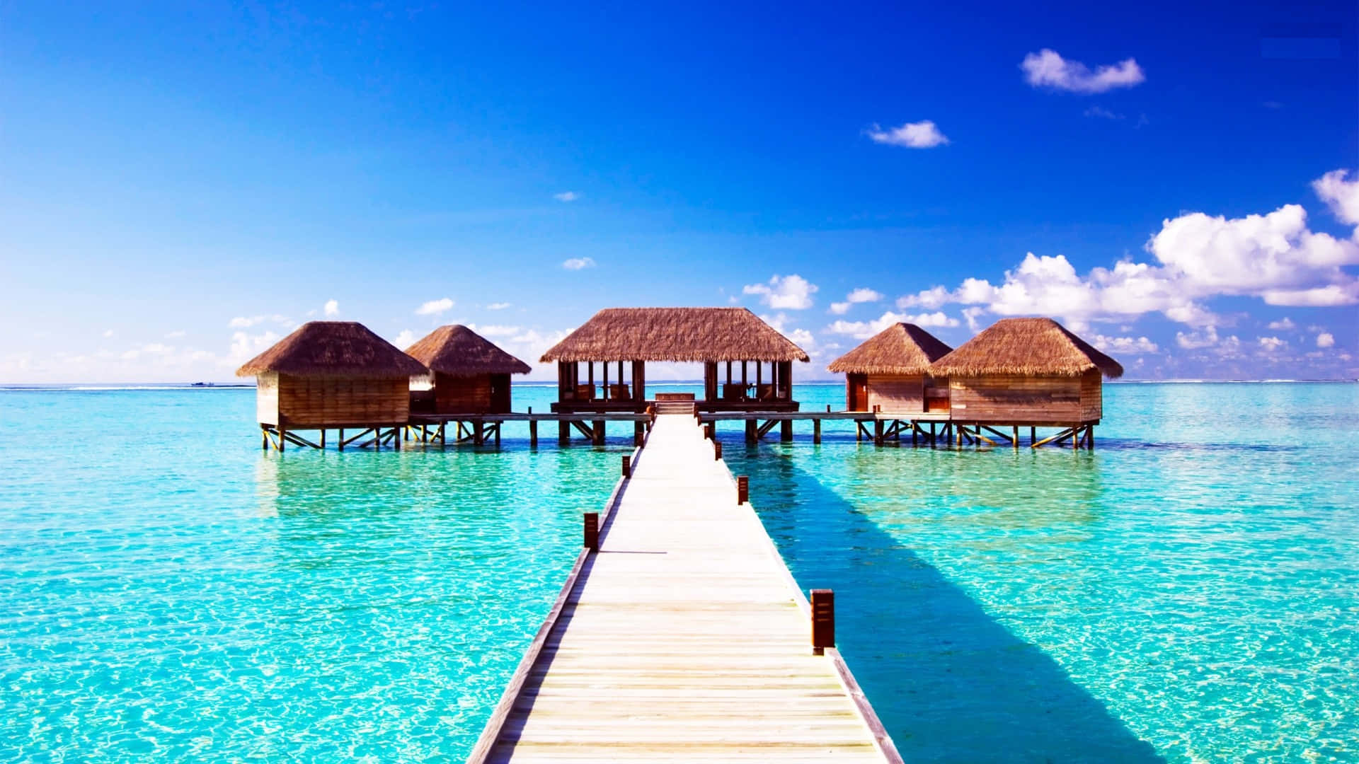 島嶼 桌布 壁紙 — 一條木製碼頭伸向茅草屋頂的水上平房，下方是晶瑩剔透的碧綠海水，上方是明亮的藍天。