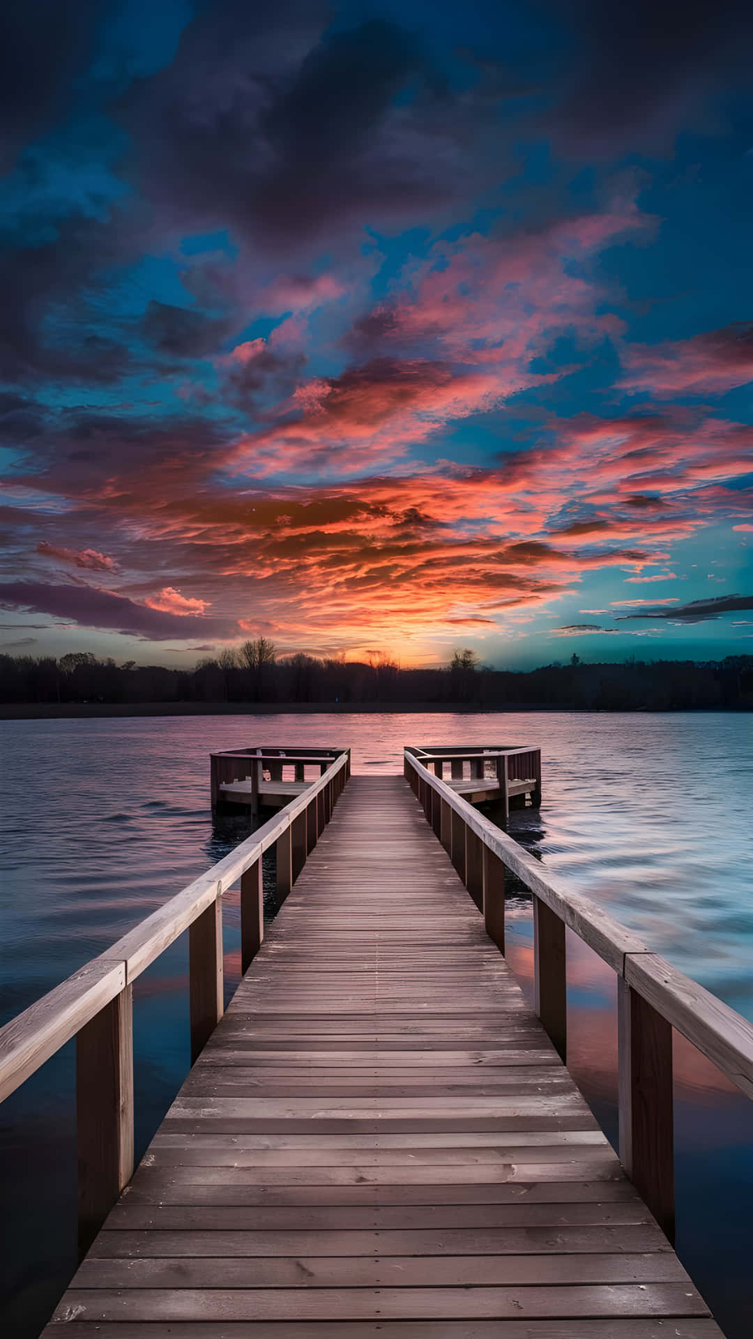 Serene Sunset Over a Wooden Walkway Leading into a Peaceful Lake 壁紙 — 一條木製碼頭延伸到平靜的水面上，天空被火紅、粉紅和深藍色的雲彩繪成戲劇性的日落景象。