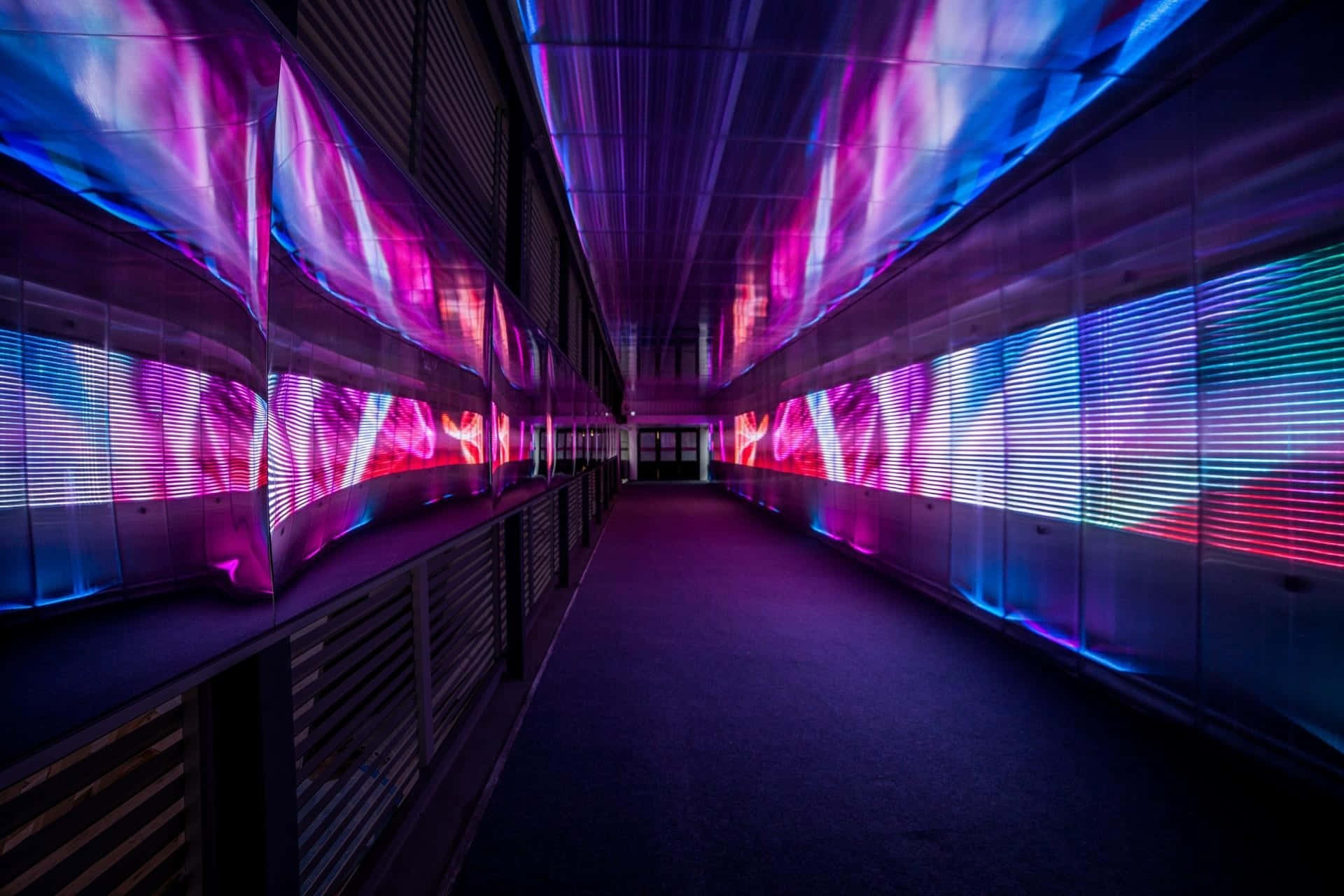 Nightclub 桌布 壁紙 — 一條未來主義的走廊，充滿活力的紫色和藍色霓虹燈光在反光的牆壁和天花板上劃過。