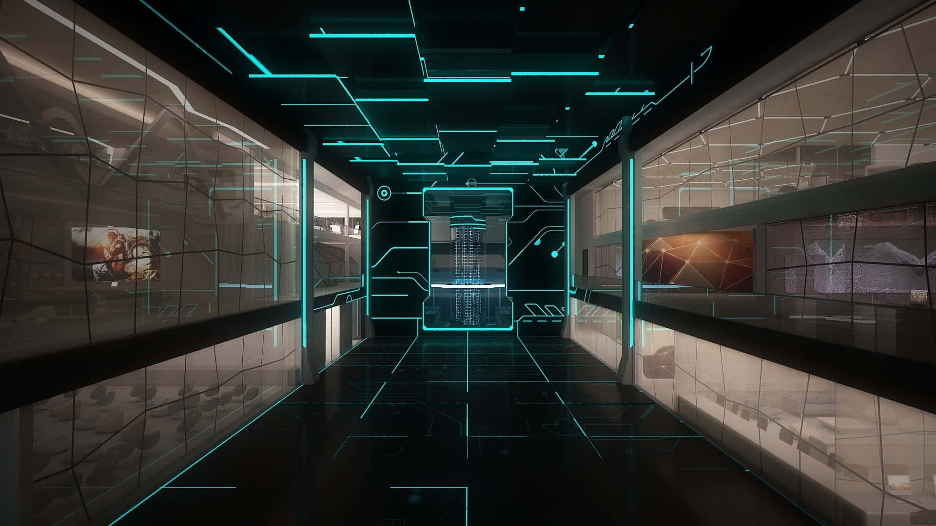 Space Technology 桌布 壁紙 — 一條未來主義的走廊，反射性牆壁和地板上帶有發光的青綠色電路線條，通往一個數位傳送門。