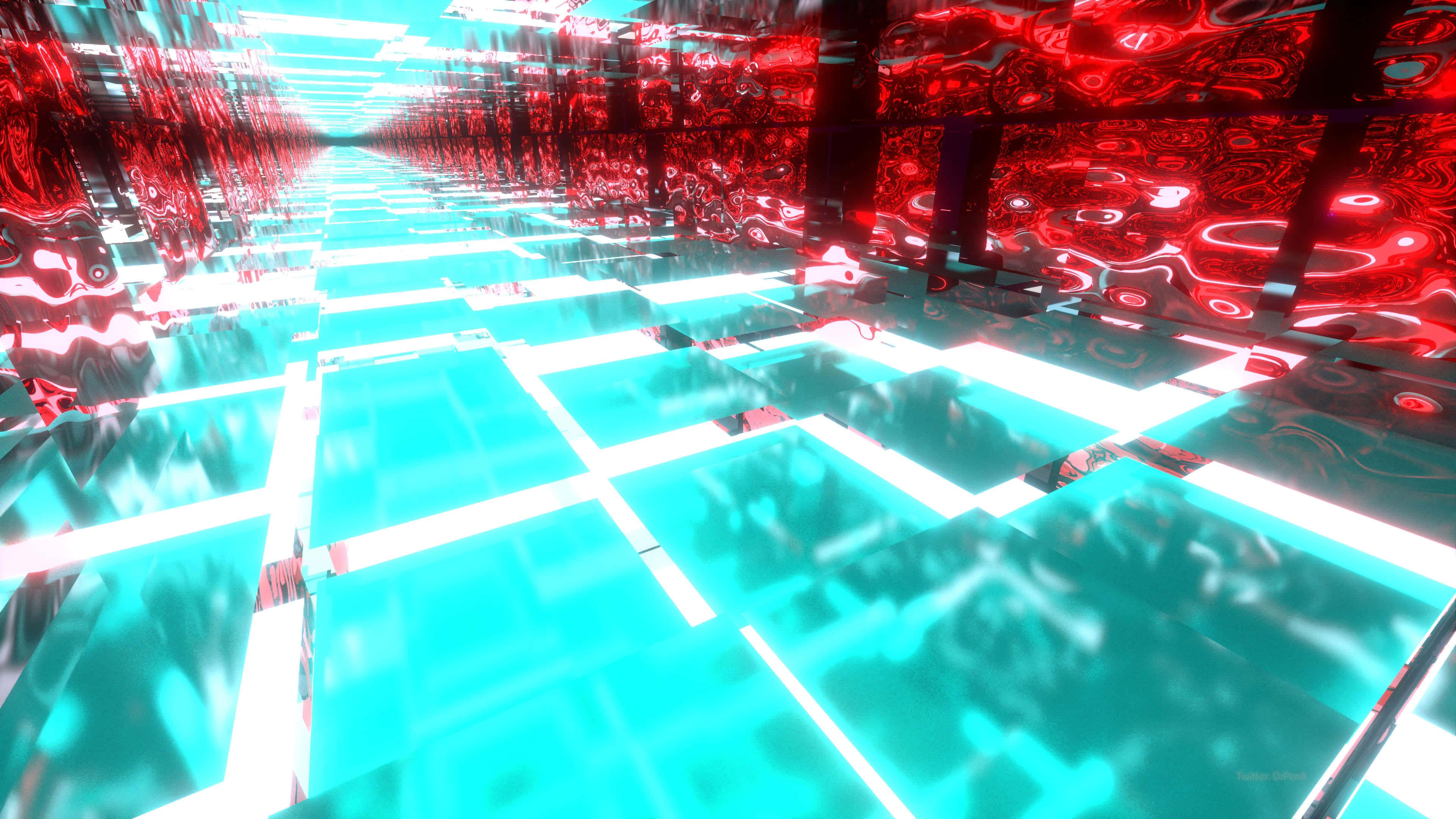 Cyan Aesthetic 桌布 壁紙 — 一條未來主義的走廊，帶有發光的青色瓷磚和紅色霓虹牆，營造出超現實的數位隧道效果。