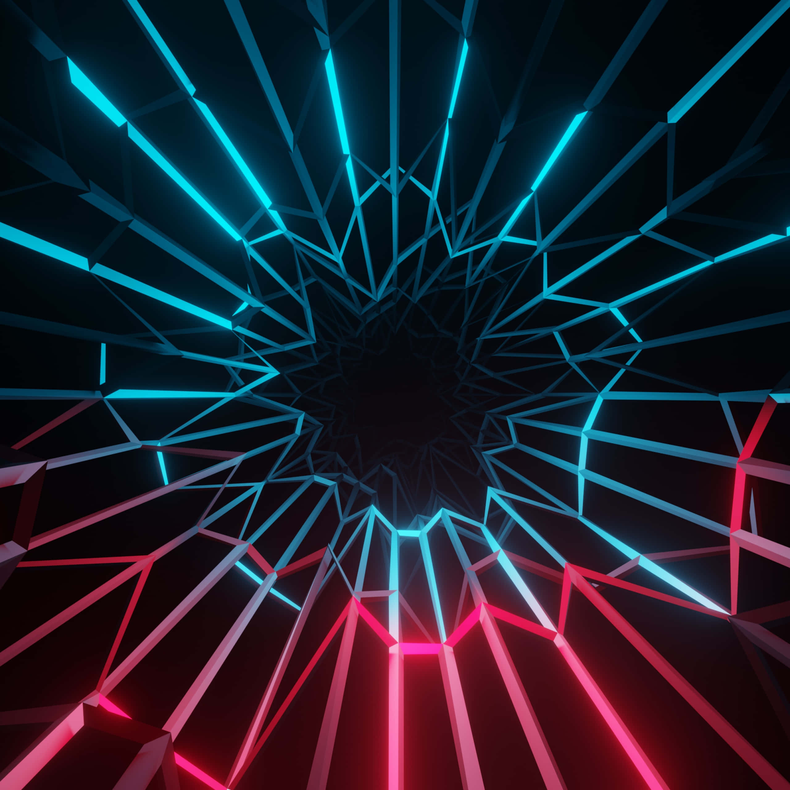 Neon Lights Aesthetic 桌布 壁紙 — 一條未來主義的隧道，由發光的藍色和粉紅色霓虹線條匯聚成黑暗中心，背景為黑色。