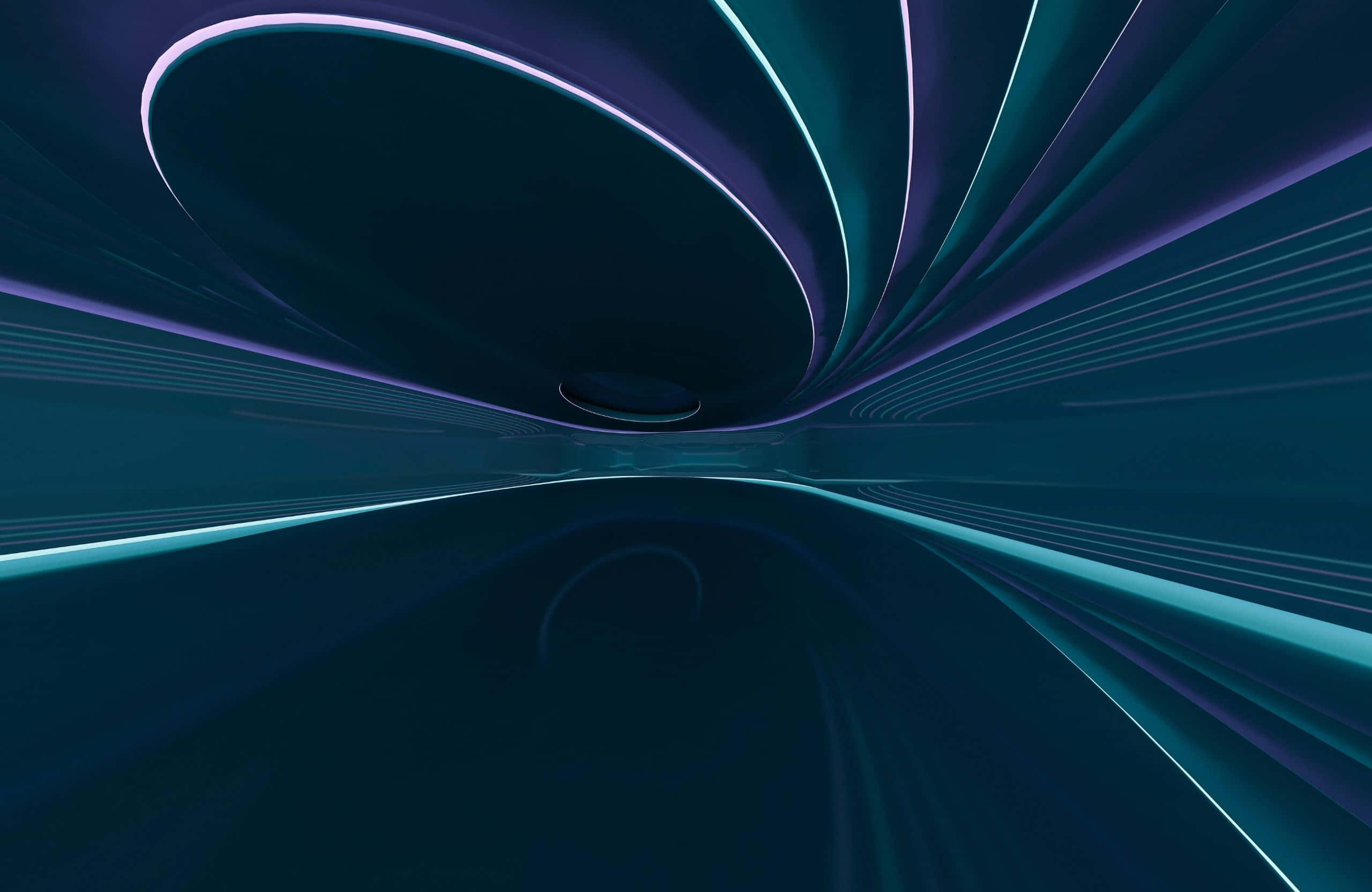 2560x1664 桌布 壁紙 — 一條未來主義隧道，帶有發光的青綠色和紫色線條，在黑暗背景下向內彎曲。