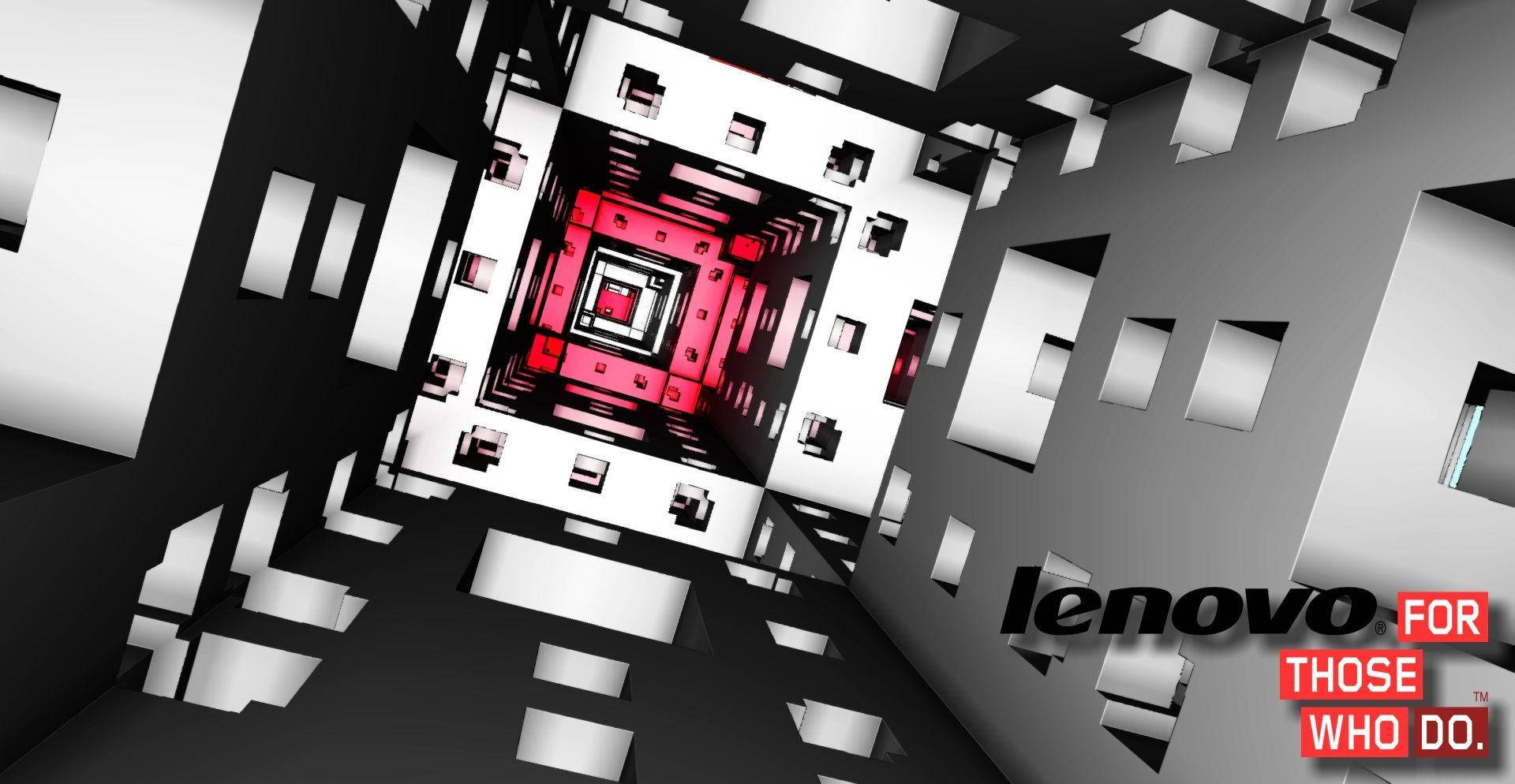 未來感黑白幾何隧道，帶有紅色中心及 Lenovo 標誌。