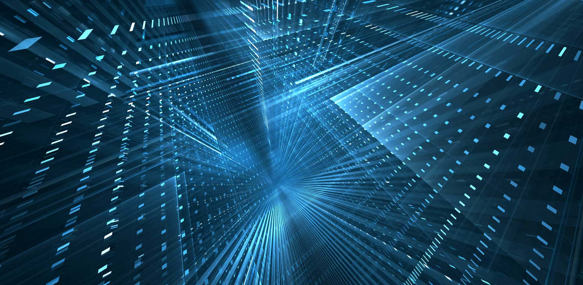 Dark Web 桌布 壁紙 — 一條未來感的數位隧道，帶有發光的藍色線條和幾何圖案，匯聚向一個光芒四射的中心。