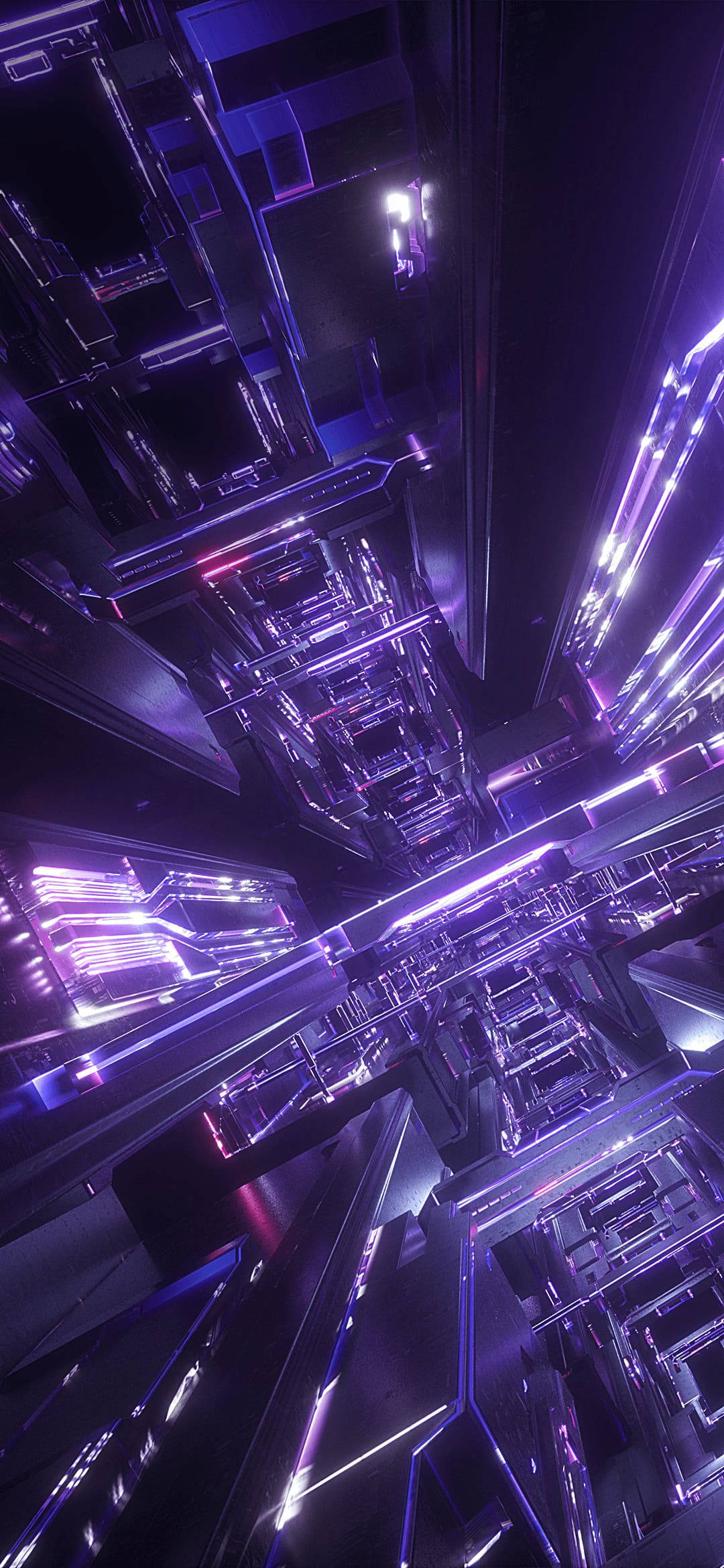 未來風格的 cyberpunk 隧道，帶有發光的紫色霓虹燈和金屬反射。