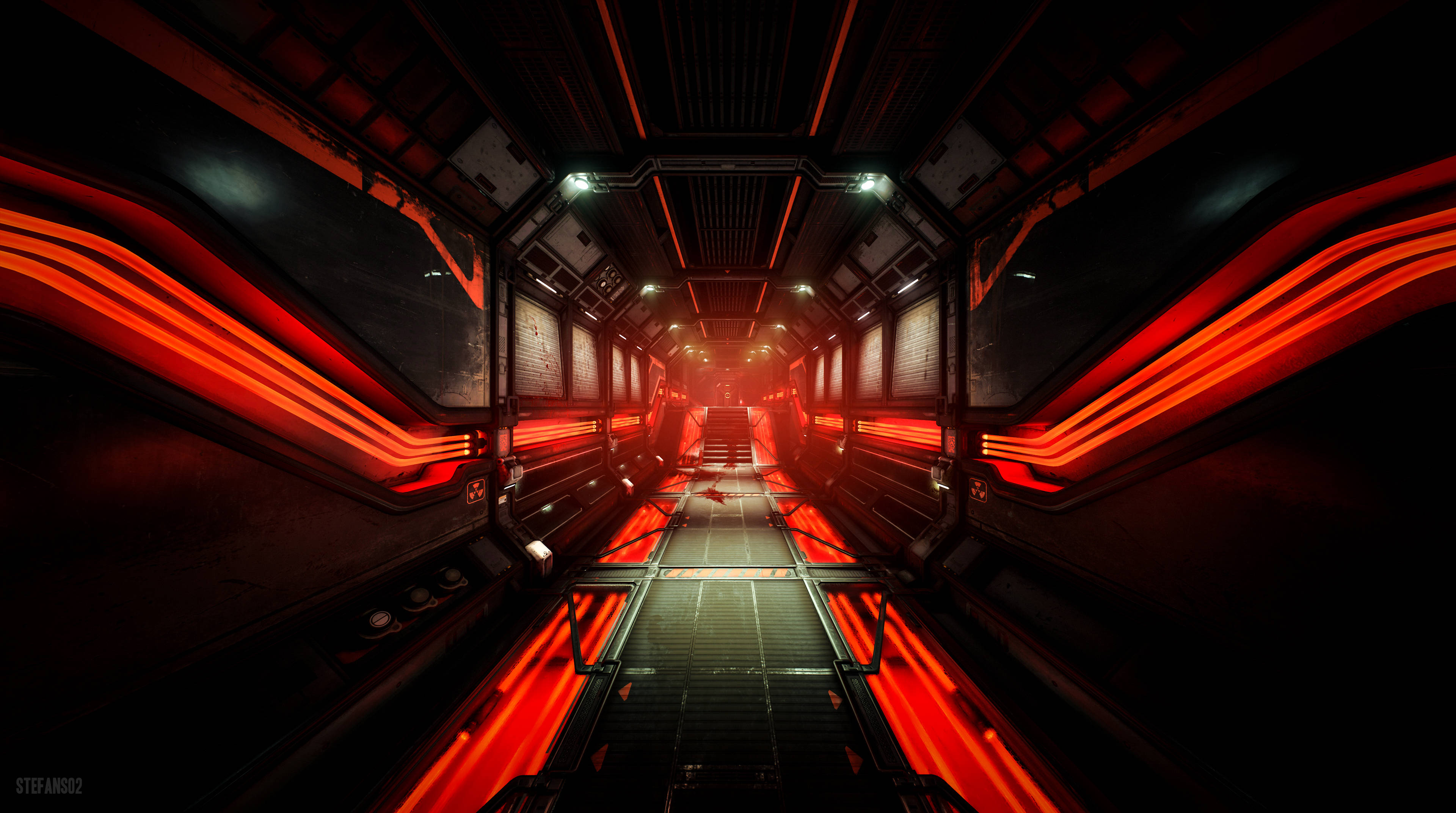 Doom 4K 桌布 壁紙 — 一條未來風格的太空船走廊，沐浴在發光的紅色霓虹燈光中，金屬牆壁和中央走道逐漸消失在黑暗中。