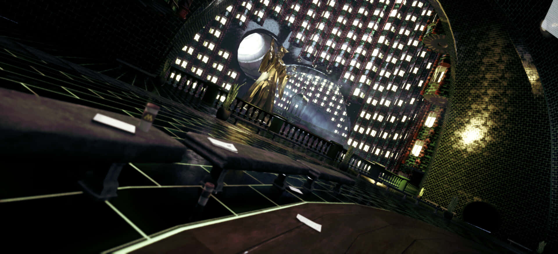 The Ministry Of Magic 桌布 壁紙 — 一條未來風格的數位走廊，設有發光網格地板和高聳的照明面板，上方懸浮著一顆發光球體。