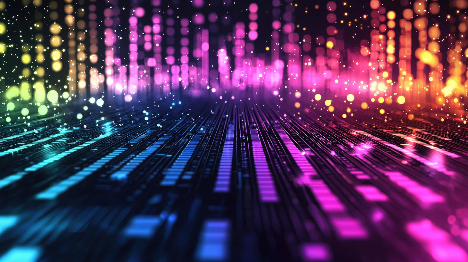 Futuristic Digital Data Stream with Vibrant Neon Light Patterns 壁紙 — 一條未來風格的數位隧道，帶有發光的霓虹燈條和散景燈光，呈現充滿活力的紫色、藍色、綠色和橙色色調。