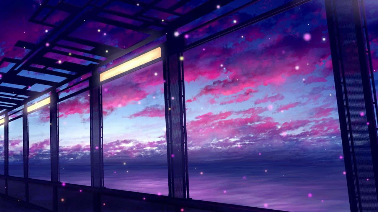 nostalgia 桌布 壁紙 — 一條未來風格的玻璃走廊框住了夢幻般的暮色天空，天空塗滿了鮮豔的粉紅、紫色和藍色，還有漂浮的發光粒子。