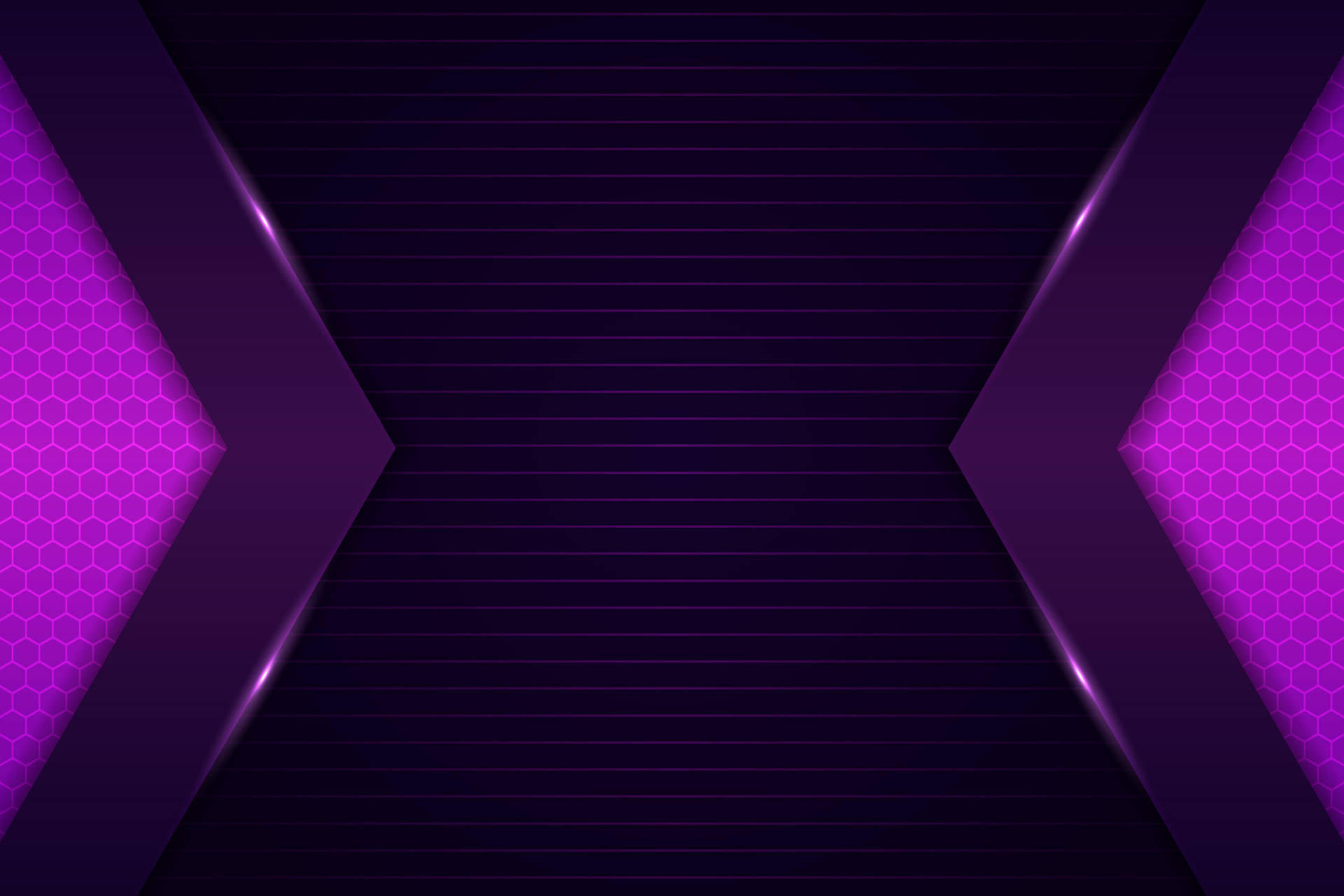 Purple Gaming 桌布 壁紙 — 一條未來風格的紫色隧道，帶有發光的六邊形圖案和金屬脊線，向黑暗中心匯聚。
