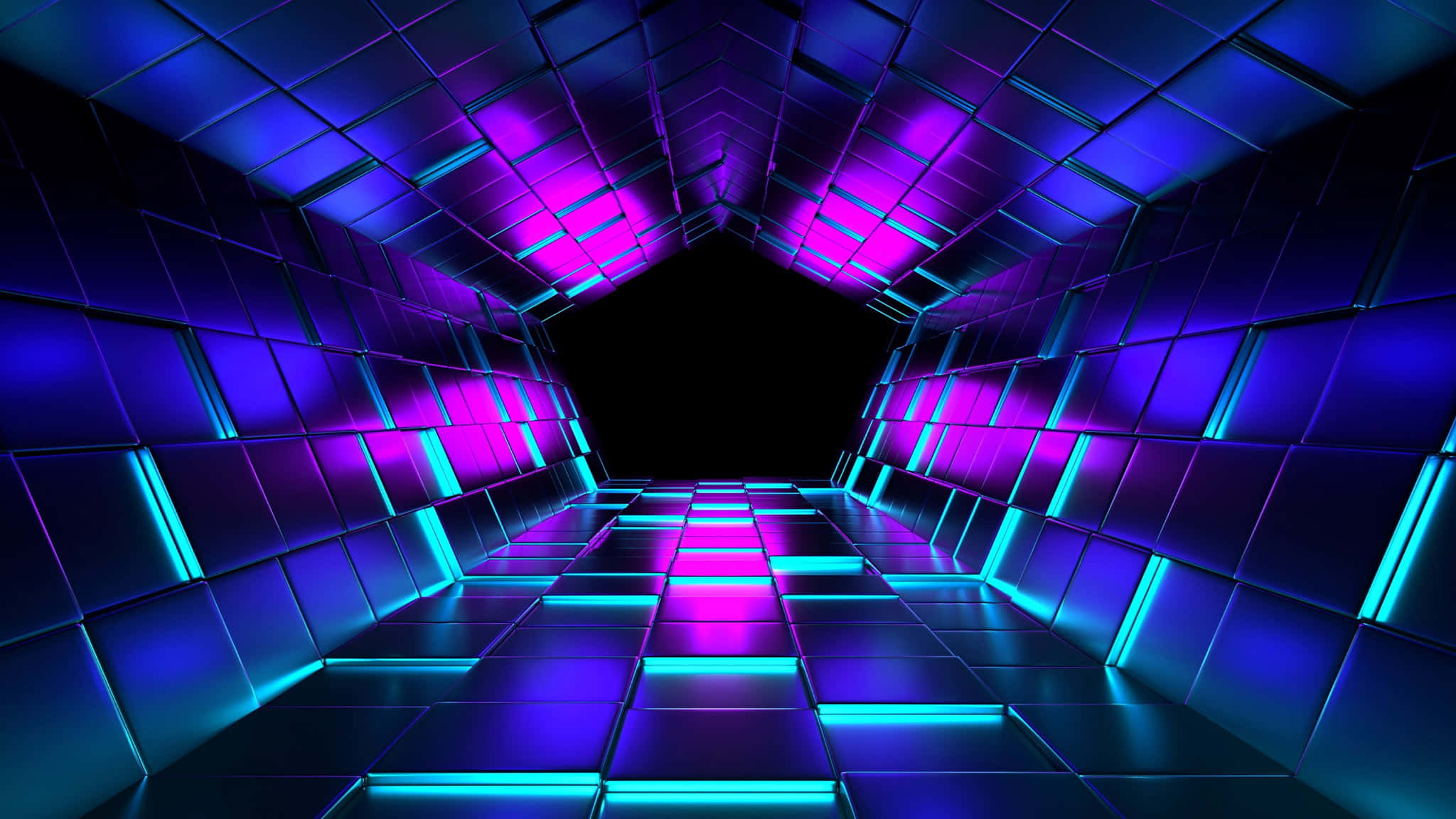 2048x1152 桌布 壁紙 — 一條未來風格的隧道，反射瓷磚牆壁和地板上閃爍著藍色和紫色霓虹燈光，通向黑暗。