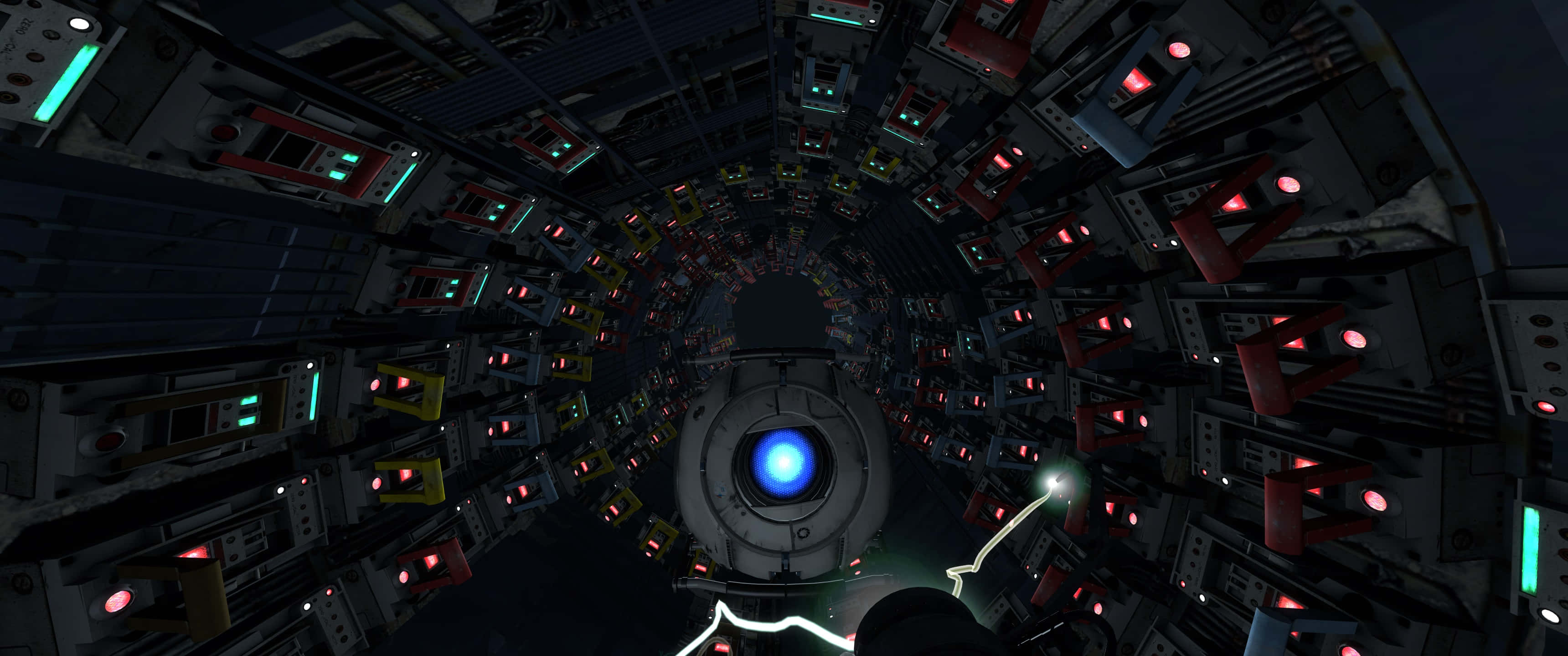 3440x1440p Portal 2 桌布 壁紙 — 一條未來風格的隧道，帶有發光的紅色和青色燈光，逐漸消失在中央的藍色核心中。