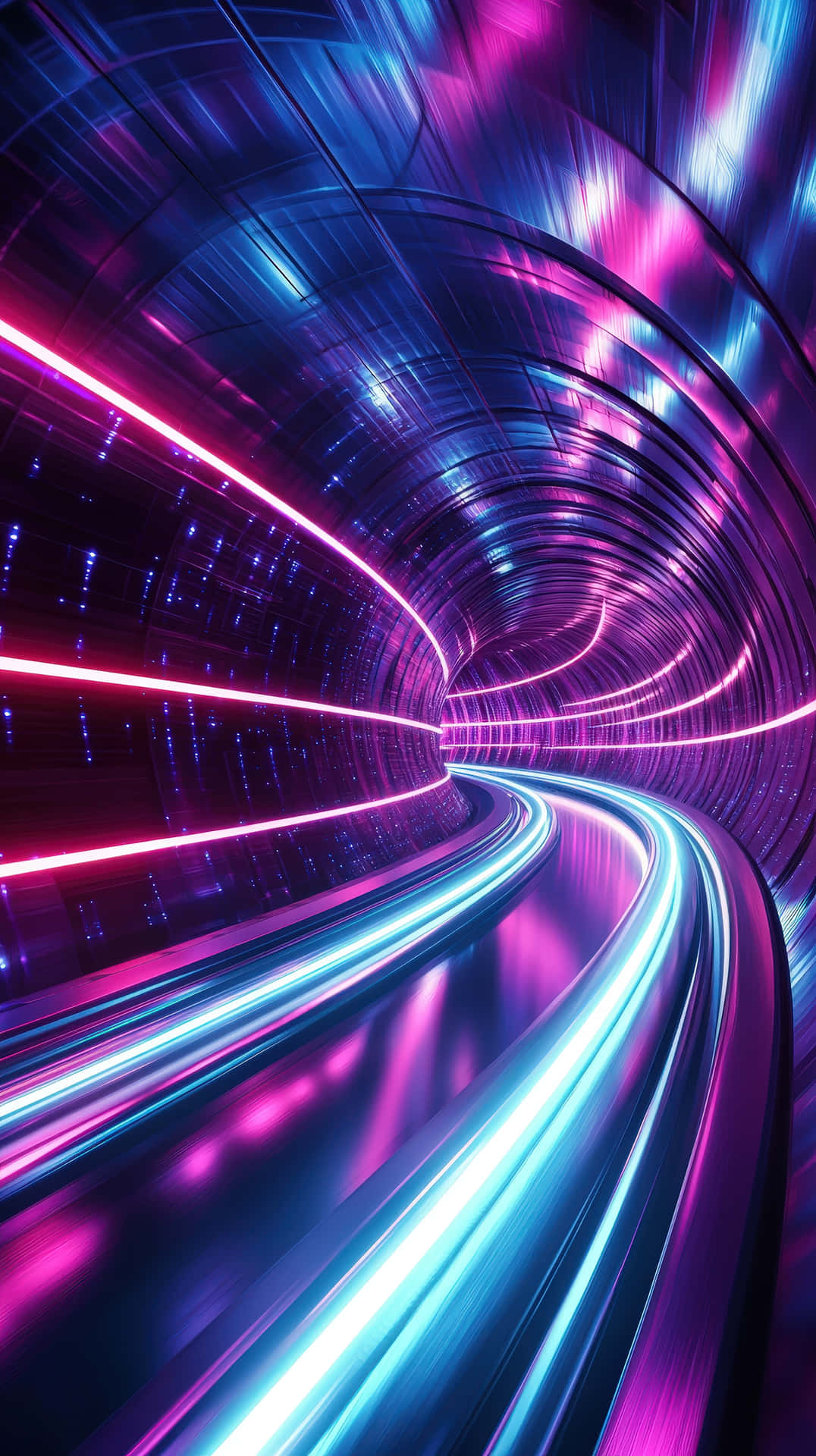 A glowing futuristic tunnel illuminated with neon blue and pink lights 壁紙 — 一條未來風格的隧道向前彎曲，帶有發光的霓虹粉紅和藍色光條，映襯在深色金屬表面上。