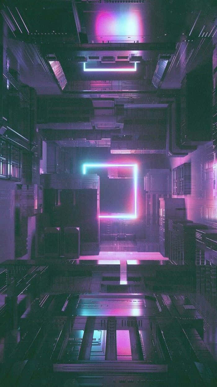 Neon Aesthetic Phone 桌布 壁紙 — 一條未來風格的霓虹燈走廊，發光的粉紅色和藍色線條消失在黑暗的金屬隧道中。