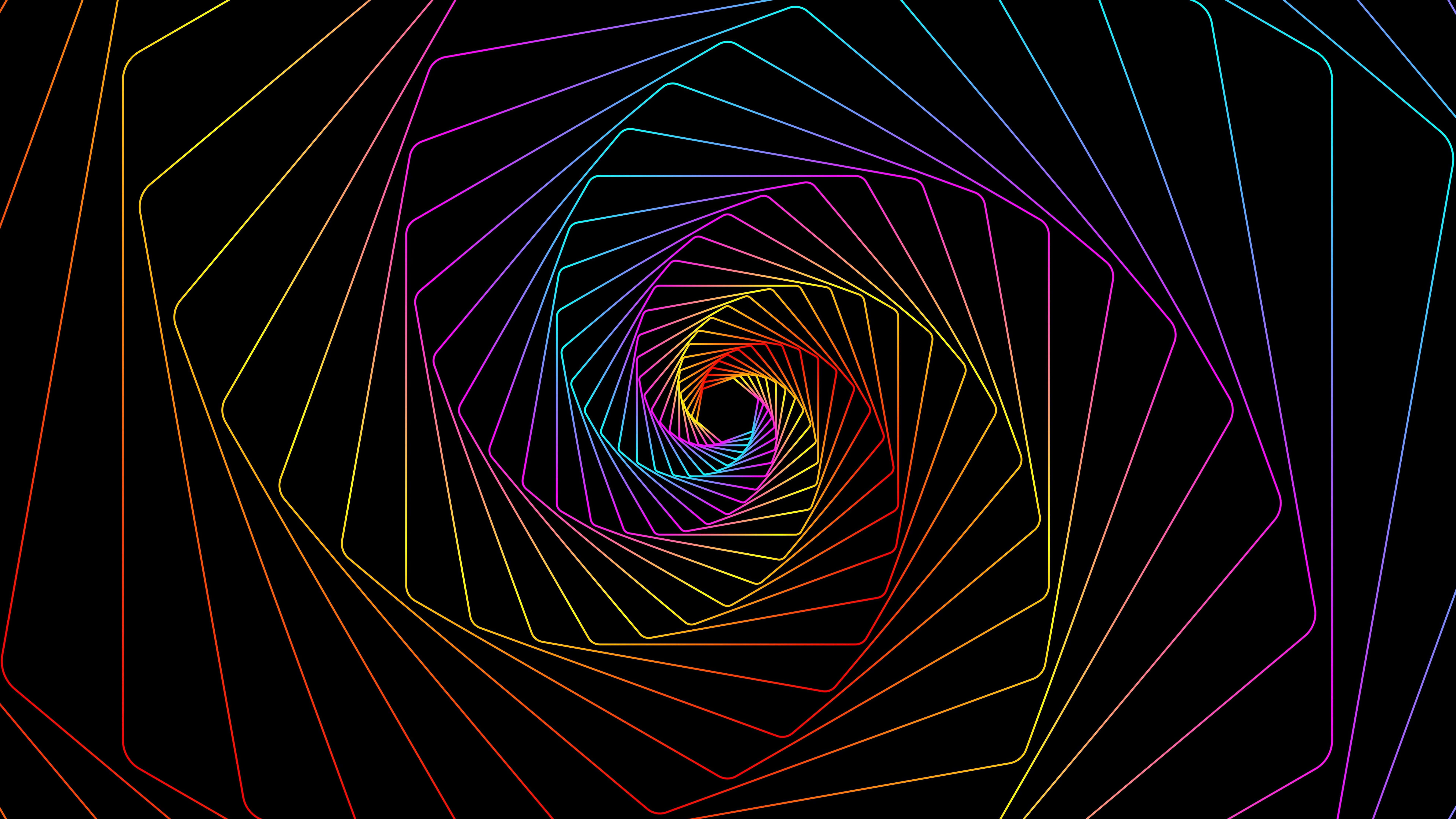 Swirl 桌布 壁紙 — 一條條發光的彩虹線條形成迷人的螺旋，消失在黑暗虛空中，產生催眠般的漩渦效果。