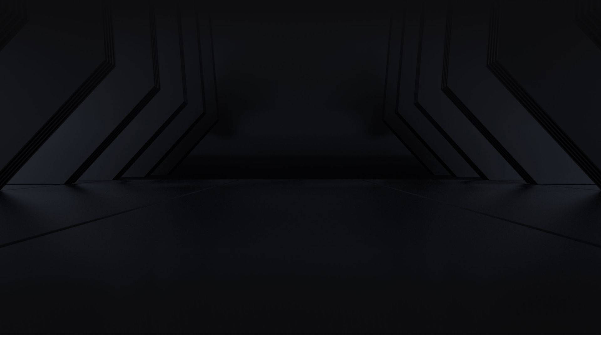 Best Dark 桌布 壁紙 — 一條極簡主義的黑色未來感走廊，具有銳利的幾何線條和微妙的燈光點綴。