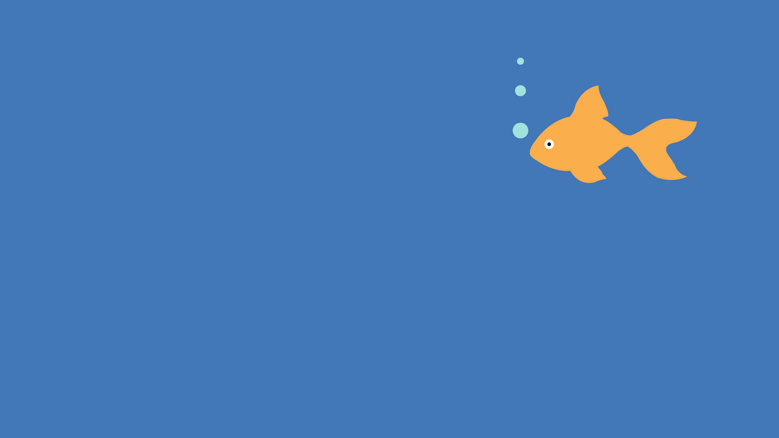 Goldfish 桌布 壁紙 — 一條極簡的橙色魚在純藍色背景上向右游動，身後拖著三個淺藍色氣泡。