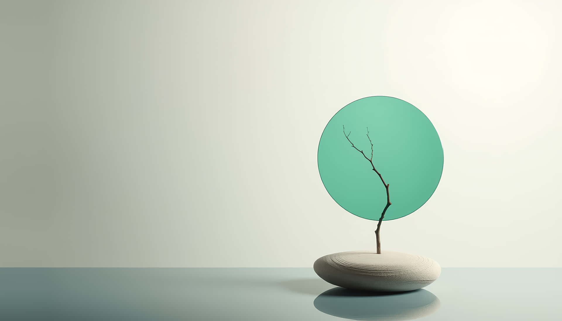 Tree With Stone aesthetic Elegant Background 壁紙 — 一條極簡的裸露樹枝從光滑的石頭底座上伸出，背景是柔和的青綠色圓形，置於淺灰色表面上。