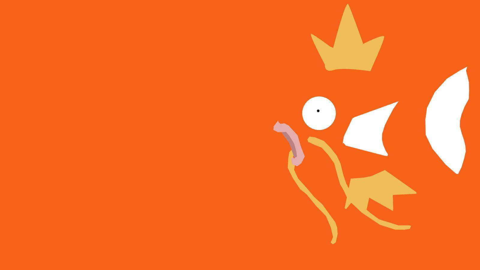 Magikarp 桌布 壁紙 — 一條極簡風格的橙色和白色卡通魚，戴著皇冠，伸出長舌頭，背景為純橙色。