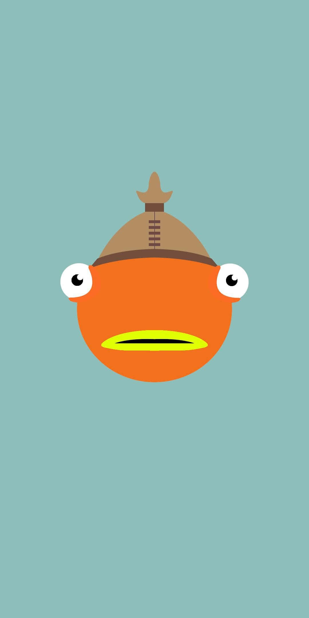 青色GIF 桌布 壁紙 — 一條極簡風格的橙色魚，有大眼睛和黃色嘴巴，戴著棕色美式足球頭盔，背景是藍綠色。