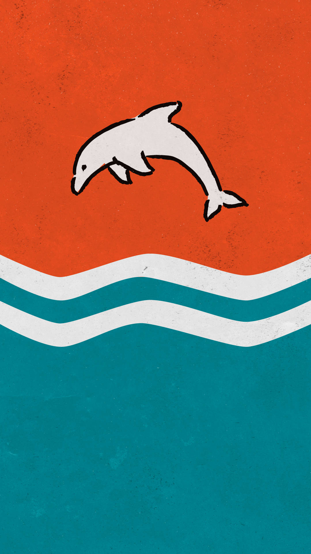 Miami Dolphins iPhone 桌布 壁紙 — 一條極簡風格的白色海豚在帶有紋理的橙色天空背景下躍過碧綠色的波浪。