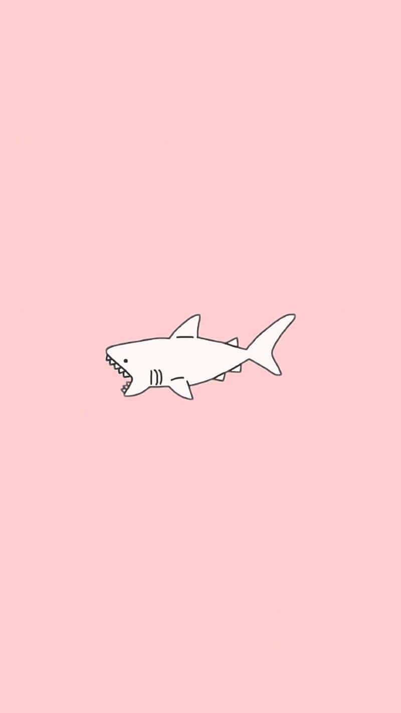 Tumblr Pink 桌布 壁紙 — 一條極簡風格的白色鯊魚，擁有鋒利的牙齒，在柔和的粉紅色背景中游動。
