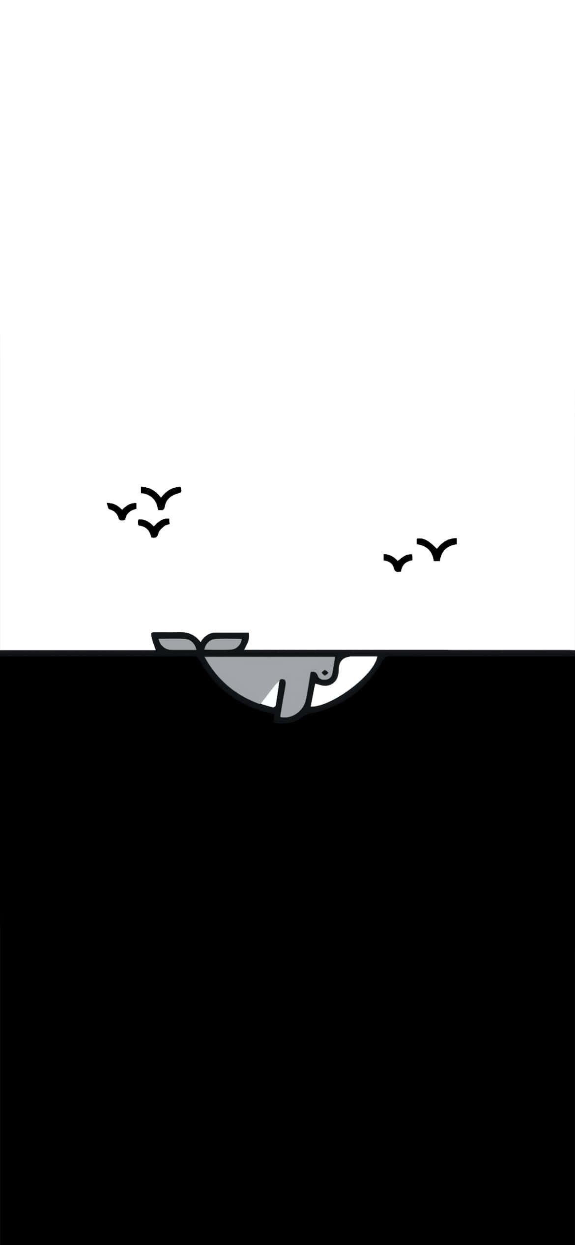 Minimalist Black And White 桌布 壁紙 — 一條極簡風格的鯨魚衝破地平線，鳥兒在其深色剪影上方飛翔，背景是純白的天空。