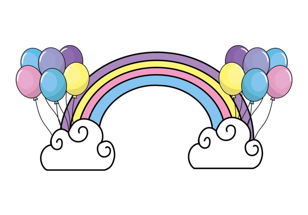 Kawaii Rainbow 桌布 壁紙 — 一條歡樂的卡通彩虹，兩端飄著粉彩氣球，停留在白色背景上旋轉的雲朵上。