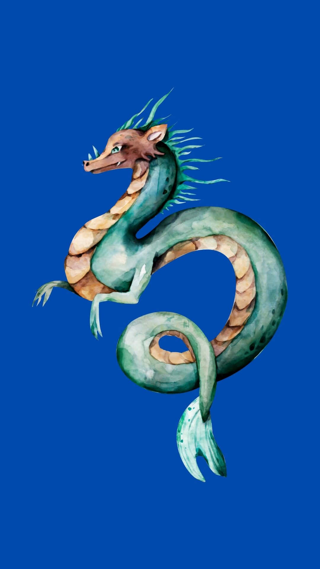 Blue Dragon 桌布 壁紙 — 一條水彩海龍，帶有藍綠色鱗片和尖刺狀魚鰭，在純藍色背景上優雅地彎曲。