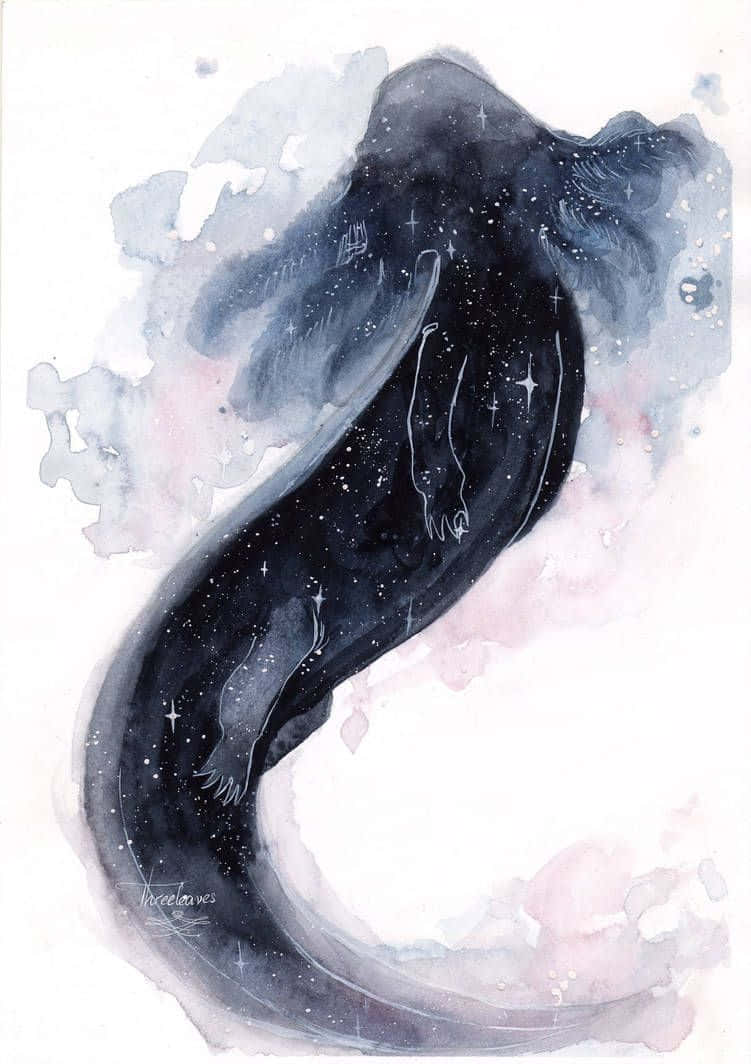 動物 桌布 壁紙 — 一條水彩美人魚，擁有星夜般的黑色尾巴，以及藍色、粉紅色和白色的宇宙漩渦。