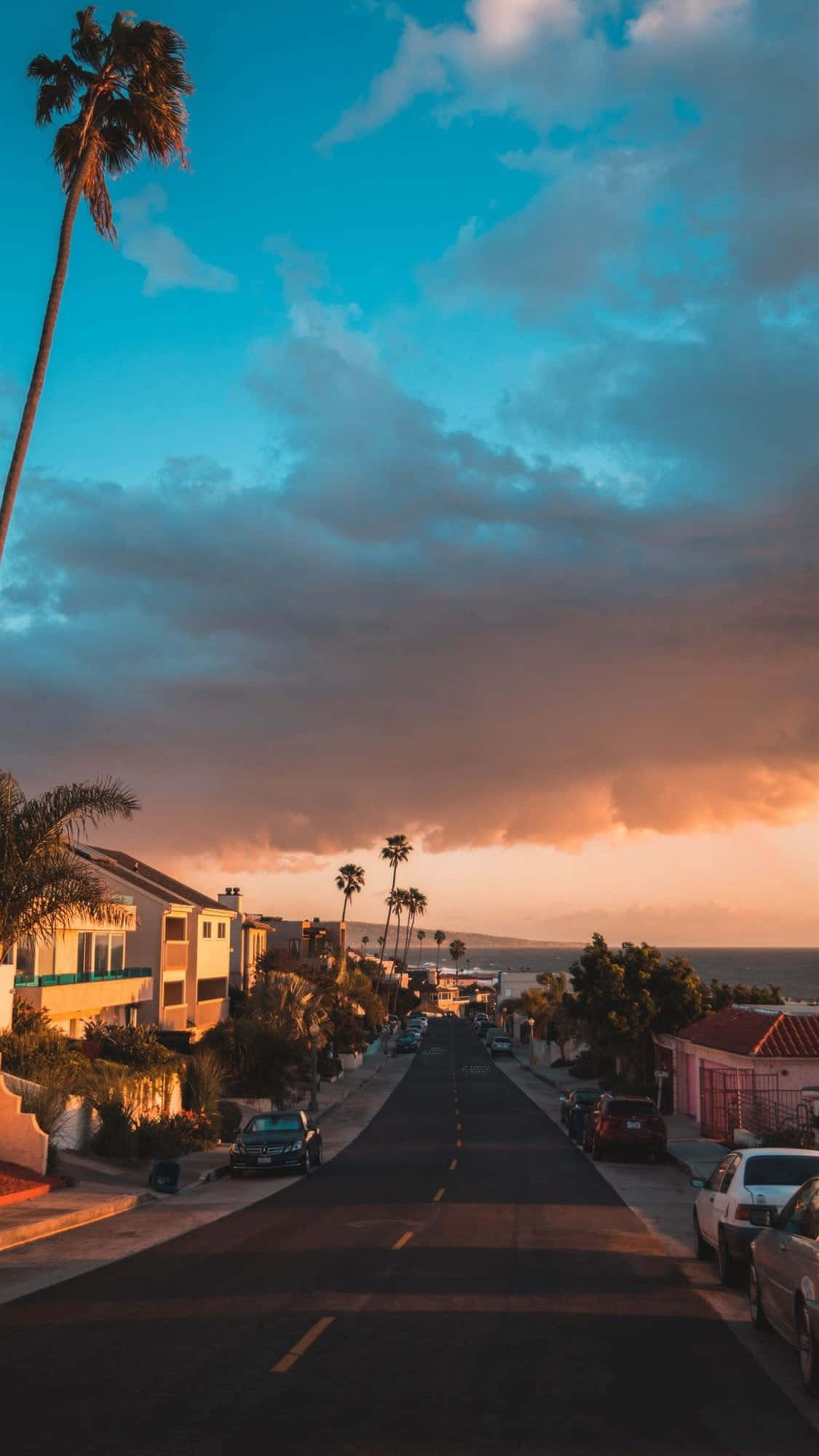 California Aesthetic 桌布 壁紙 — 一條沿海街道，兩旁種滿棕櫚樹和房屋，天空呈現戲劇性的日落，帶有橙色雲彩和藍色色調。