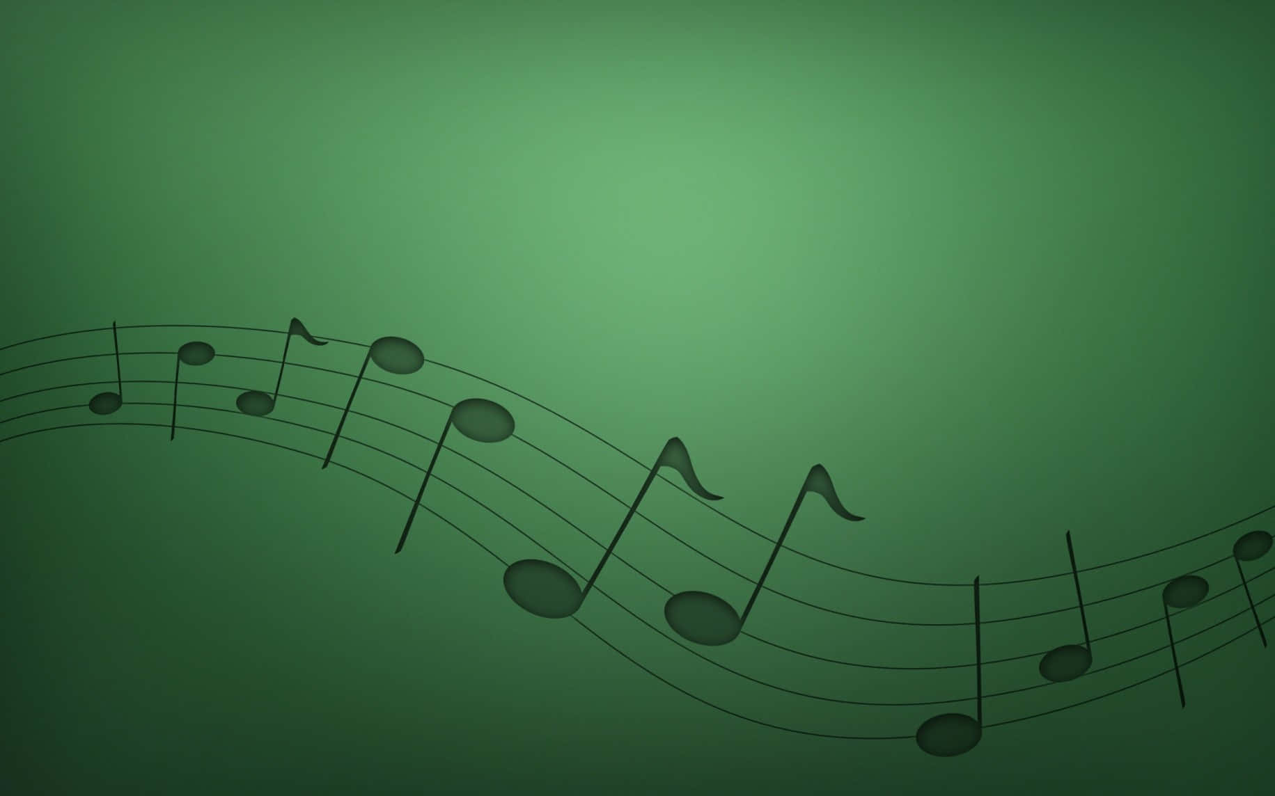 音樂 桌布 壁紙 — 一條流動的黑色五線譜，音符優雅地彎曲在漸變綠色背景上。