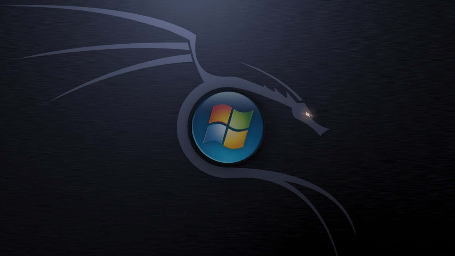 Linux 桌布 壁紙 — 一條流暢的銀色龍剪影纏繞著發光的Windows標誌，背景為深色紋理。