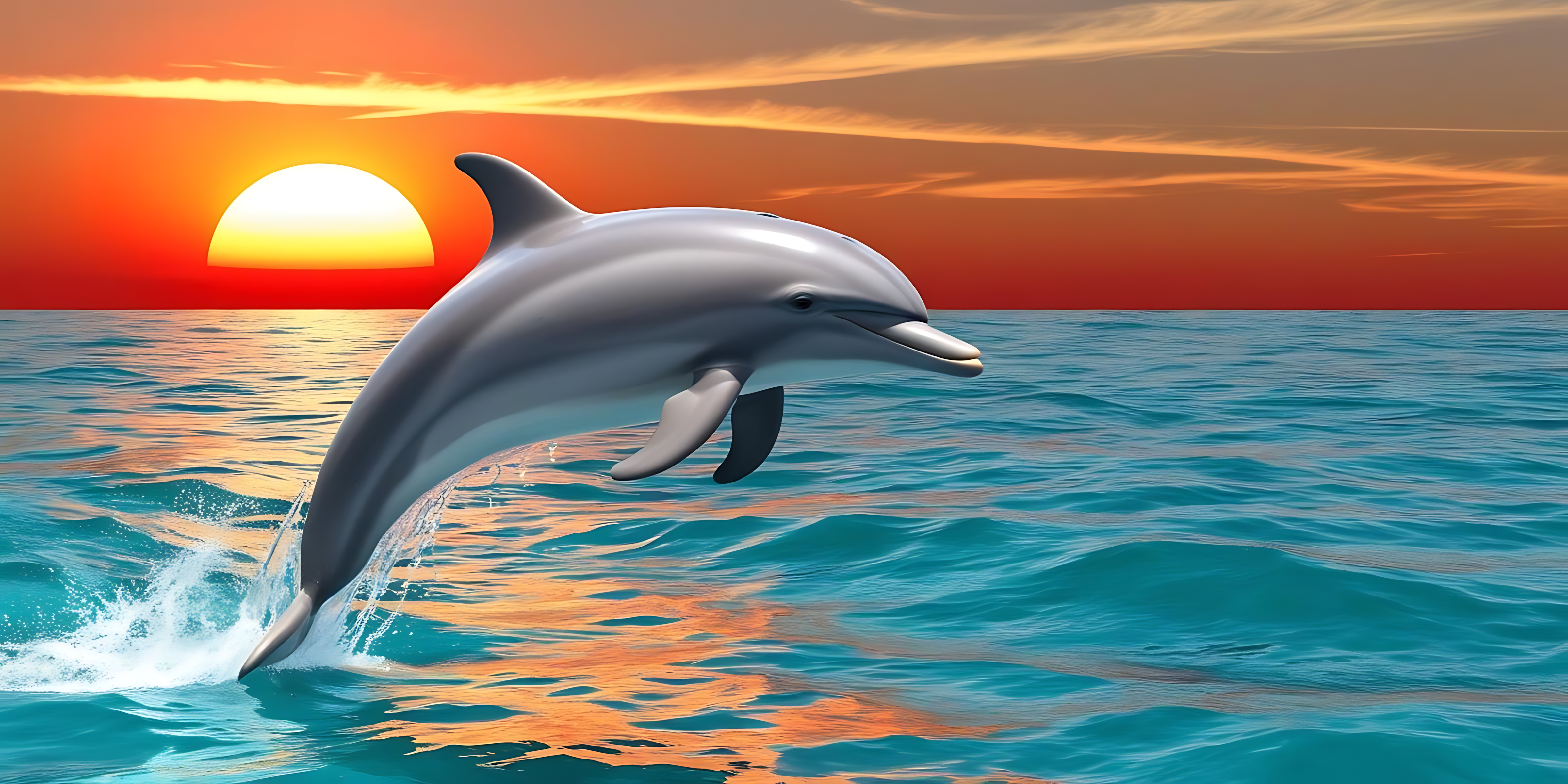 海洋 桌布 壁紙 — 一條流線型海豚從碧綠的海水中躍起，背後是火紅的夕陽。