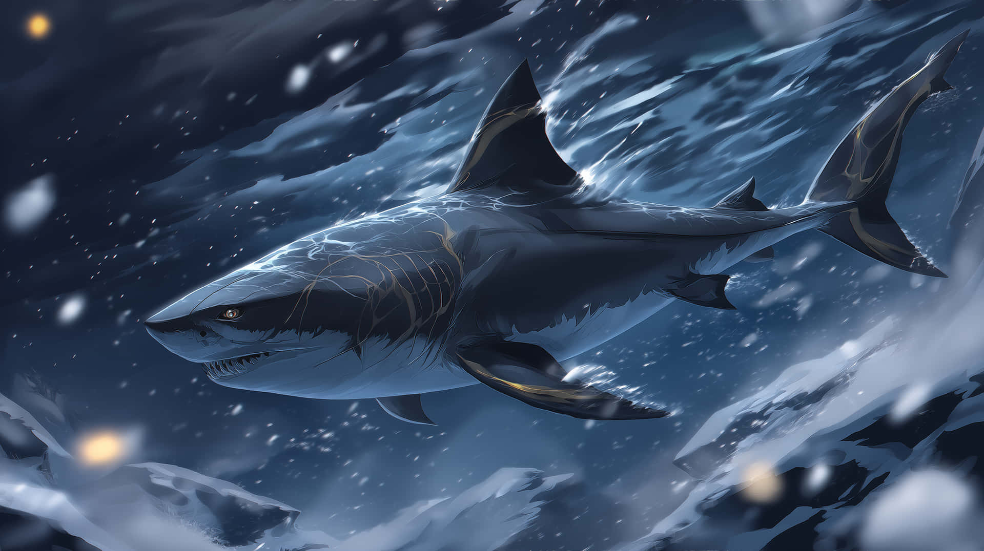 Greenland Shark in Icy Depths with Abstract Elements 壁紙 — 一條流線型的大白鯊在深藍色的海水中滑行，周圍有雪花飄浮。