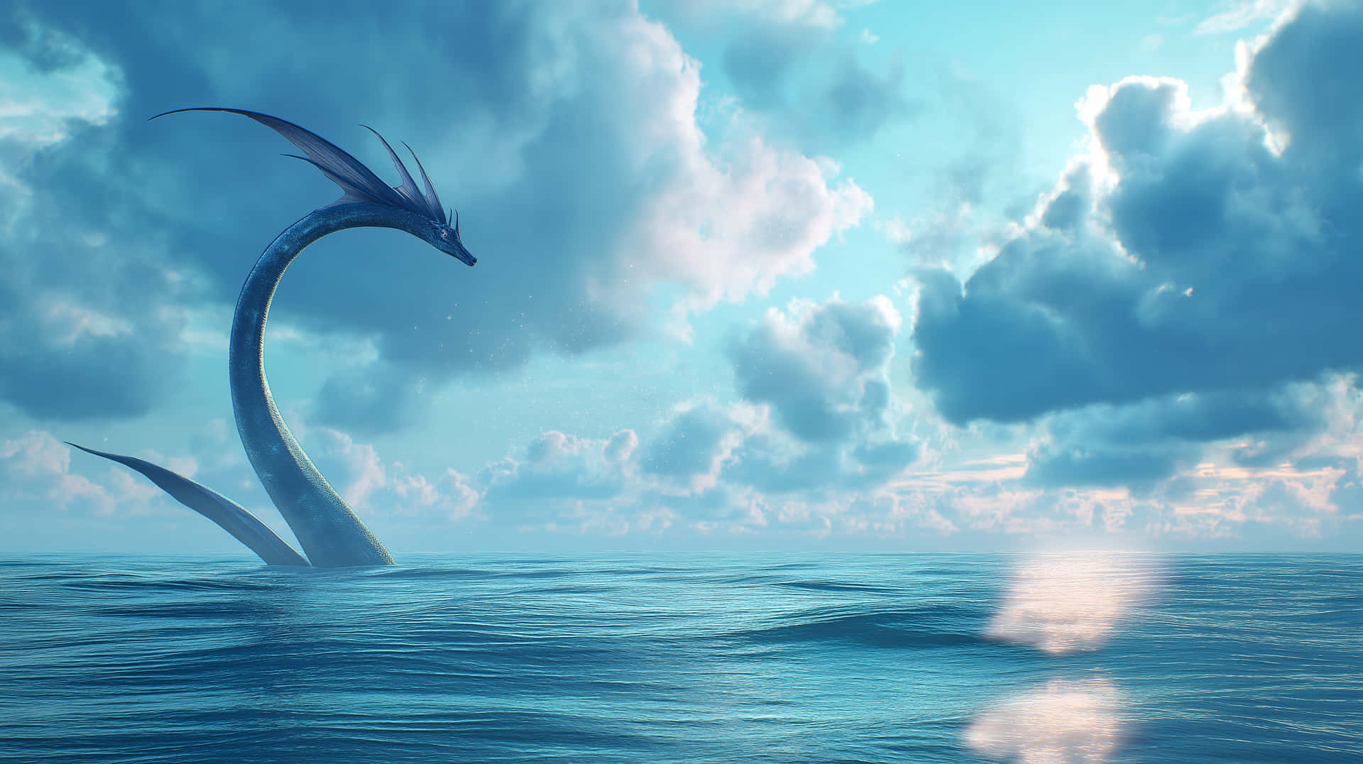 Serpentine Sea Dragon Emerging from Calm Ocean Waters 壁紙 — 一條流線型的藍色龍從平靜的海水中浮現，在廣闊的多雲天空下。
