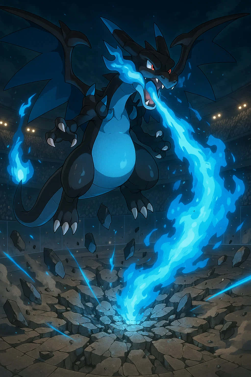 Charizard Pokemon HD Wallpaper WEBP 4K Background Download 壁紙 — 一條深藍色的龍，眼睛發出紅光，在繁星點點的夜空下，從口中向破碎的石頭競技場噴出強大的藍色火焰。