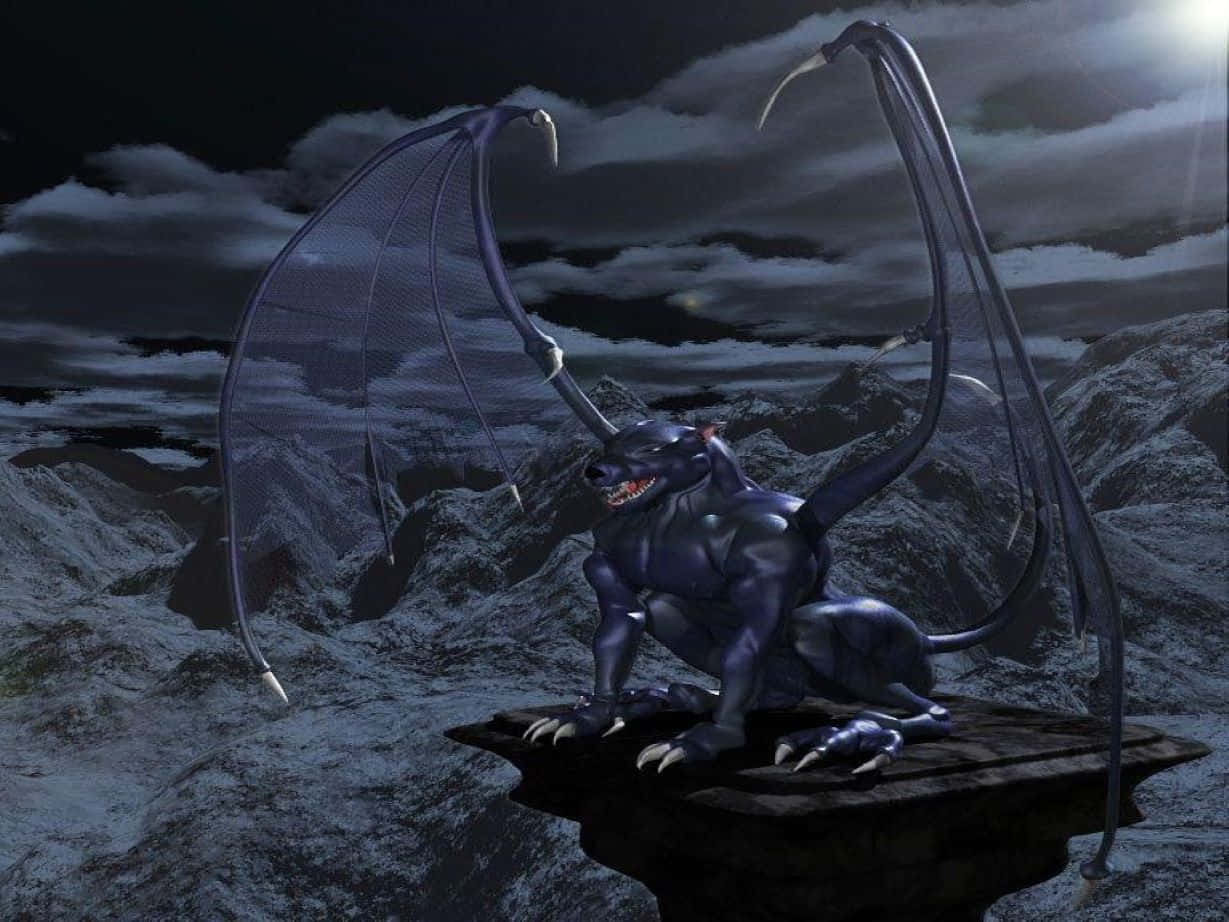 Gargoyle 桌布 壁紙 — 一條深藍色的龍，長有膜狀長翼，棲息在岩石峭壁上，背景是暴風雨的夜空。