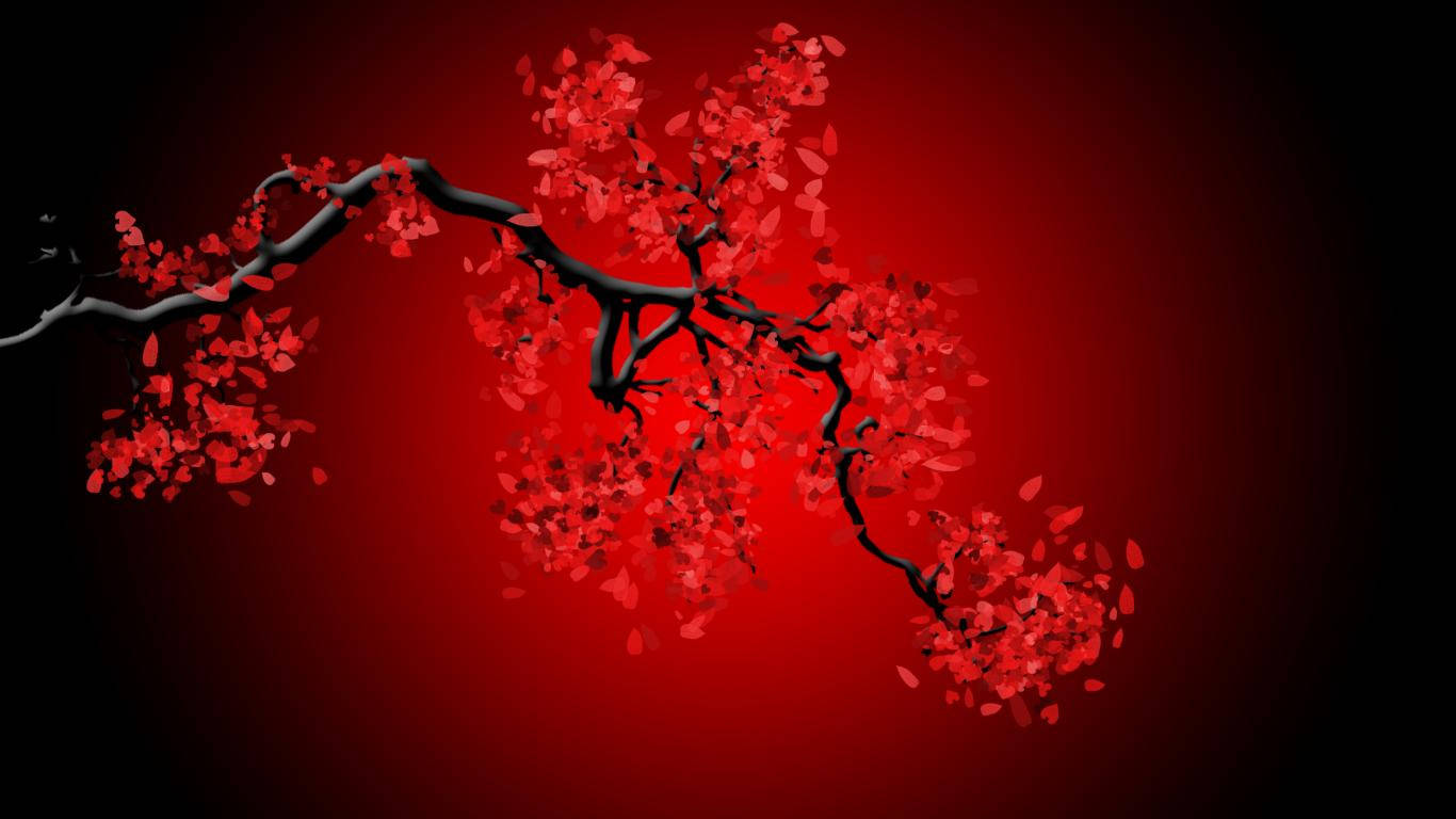 紅色美學動圖 桌布 壁紙 — 一條深黑色的櫻花枝條在漸變深紅色的背景下綻放出鮮豔的紅色花朵。