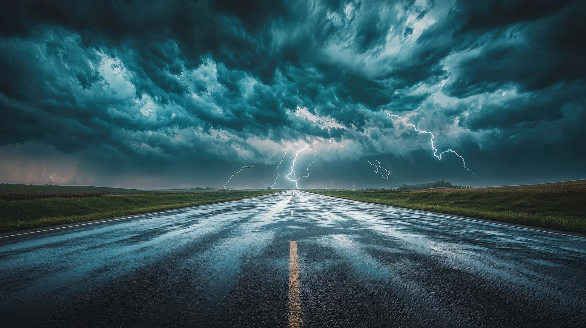A long road stretches toward a dramatic sky filled with dark clouds and bright lightning strikes 壁紙 — 一條濕漉漉的柏油路伸向暴風雨的天空，生動的閃電照亮了深藍綠色的雲層。